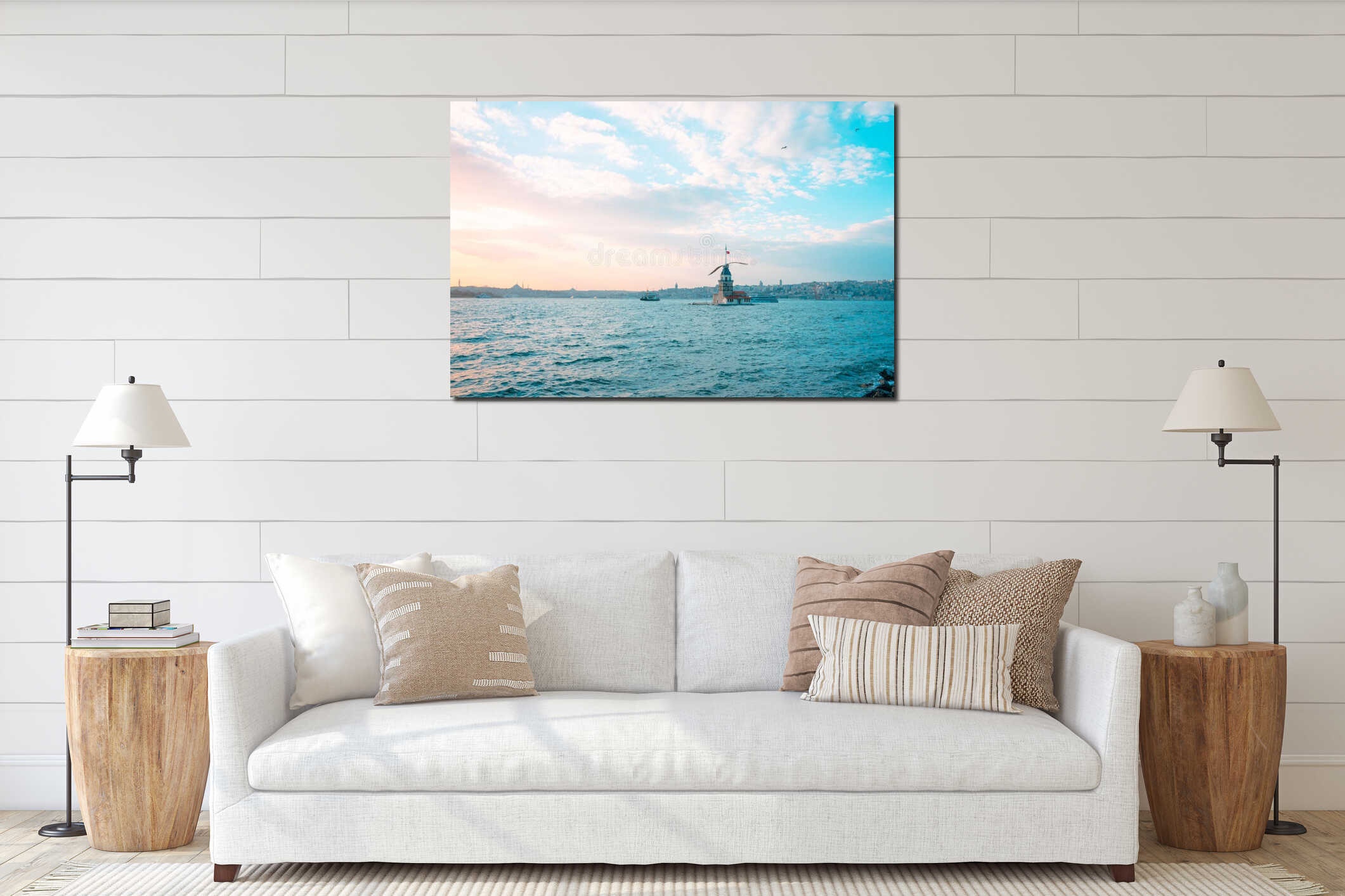 Maiden`s Tower and Seagulls at sunset interior mockup