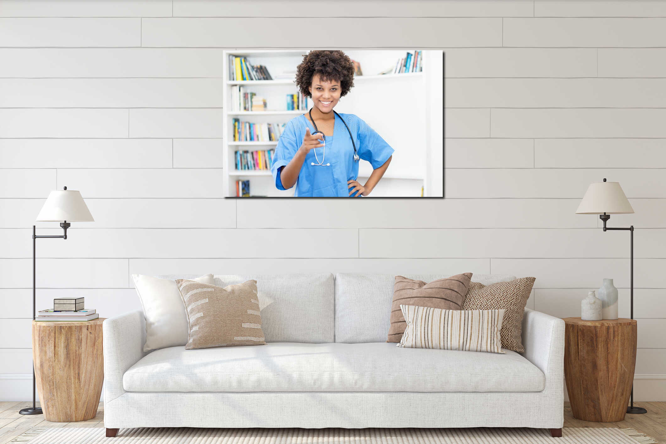 Laughing afro american female nurse ready for vaccinating patients interior mockup
