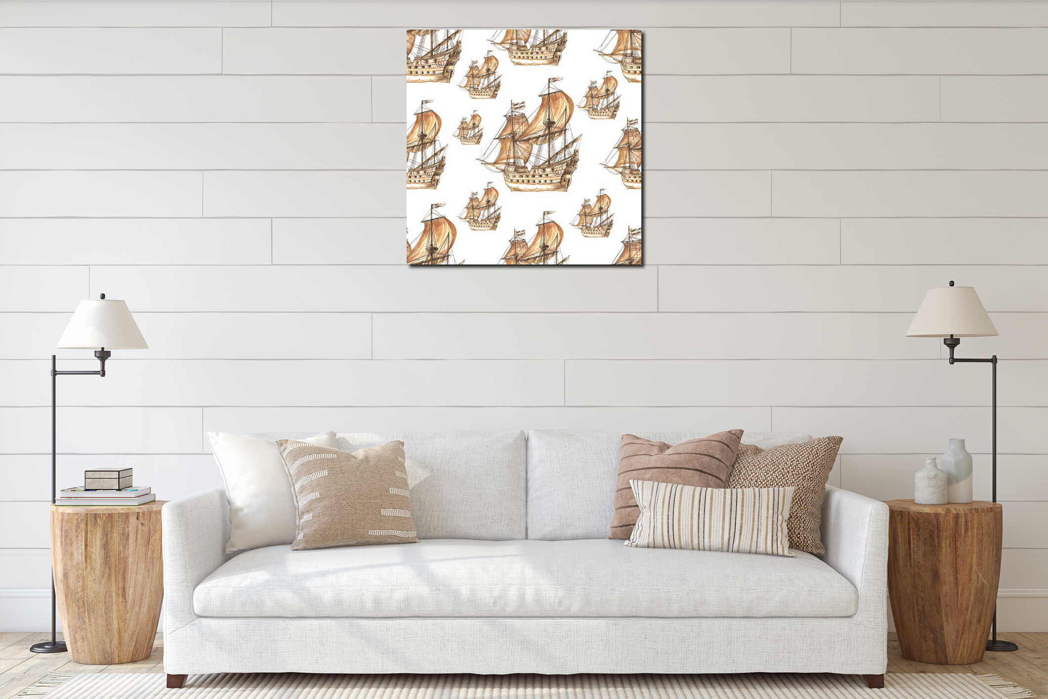 Sailboats, sailing ships, sea, travel. Hand drawn watercolor illustration. interior mockup