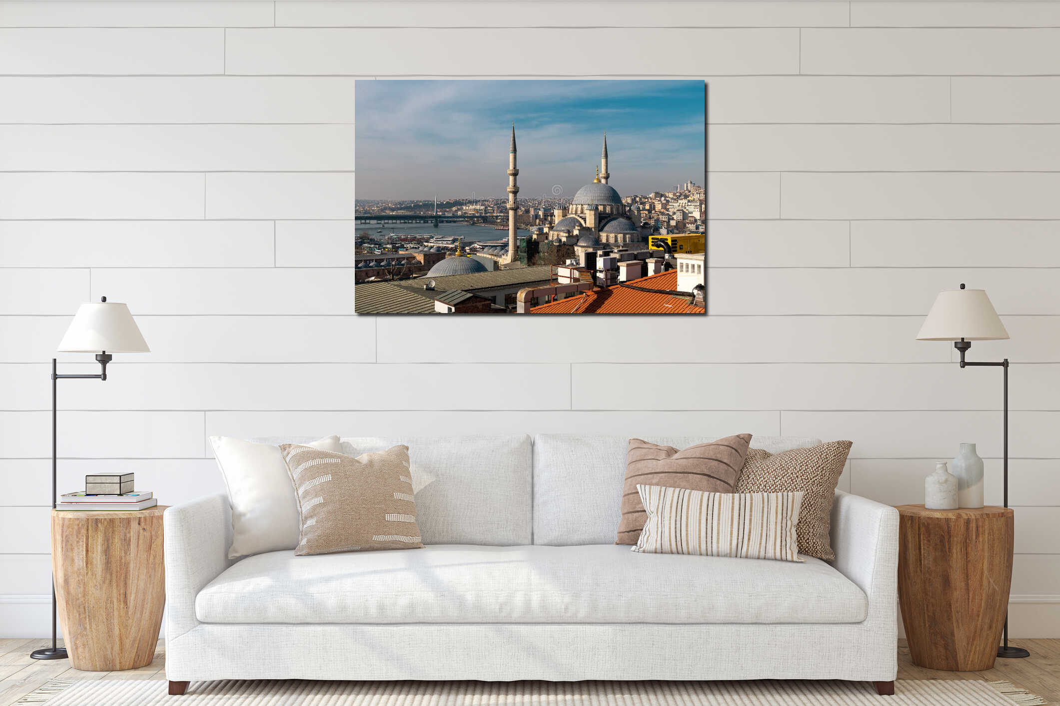 Eminonu Halic Port, New Mosque - Valide Sultan Mosque and Golden Horn Metro Bridge in Istanbul Turkey interior mockup