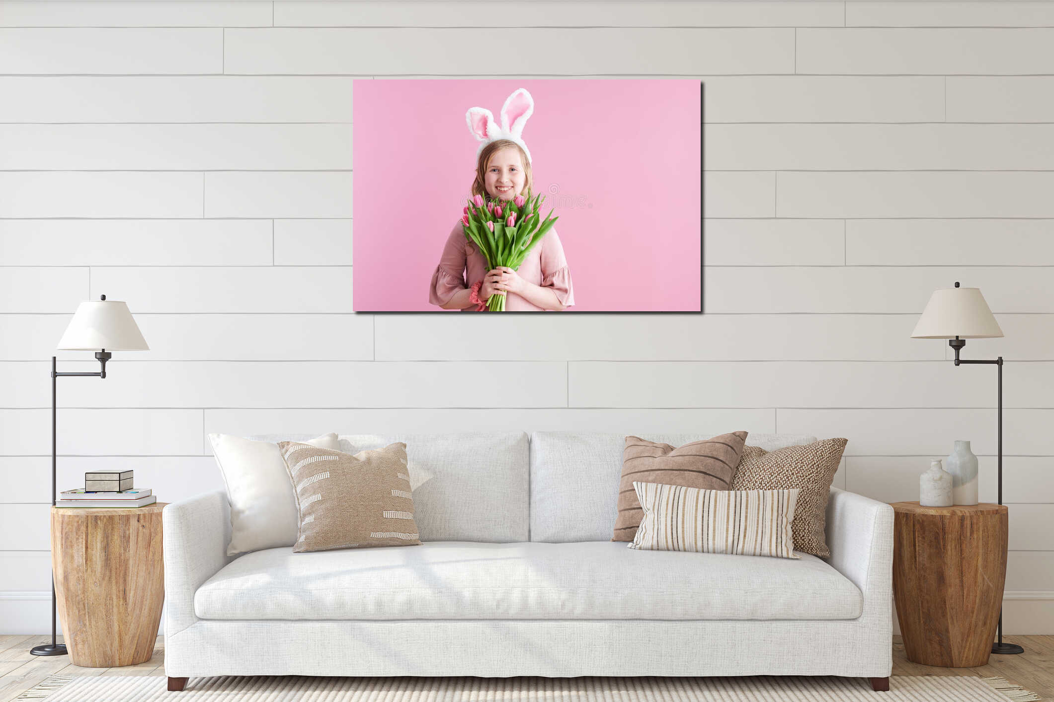 Portrait of happy modern child in pink dress on pink interior mockup