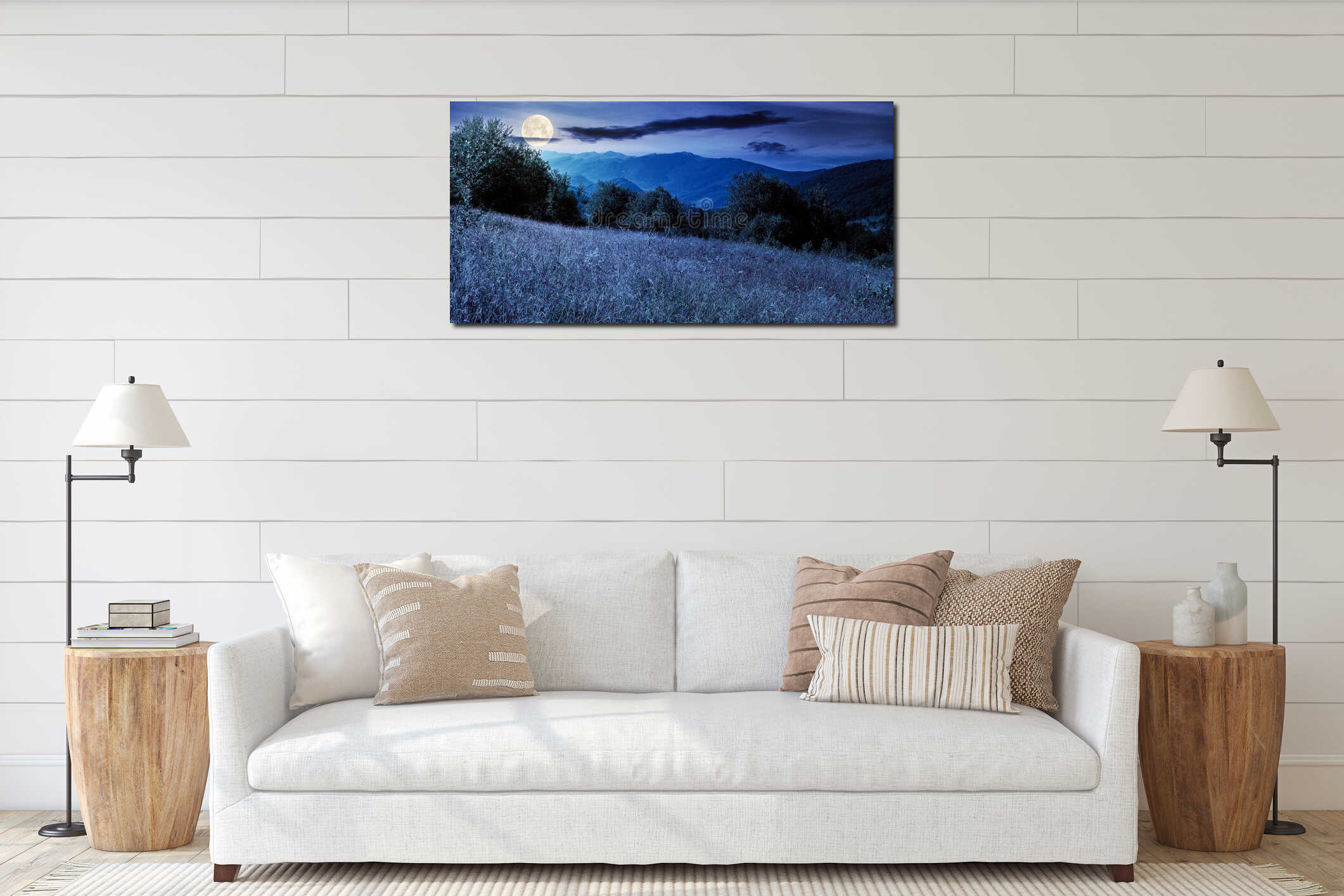 Rural field in mountains at night interior mockup