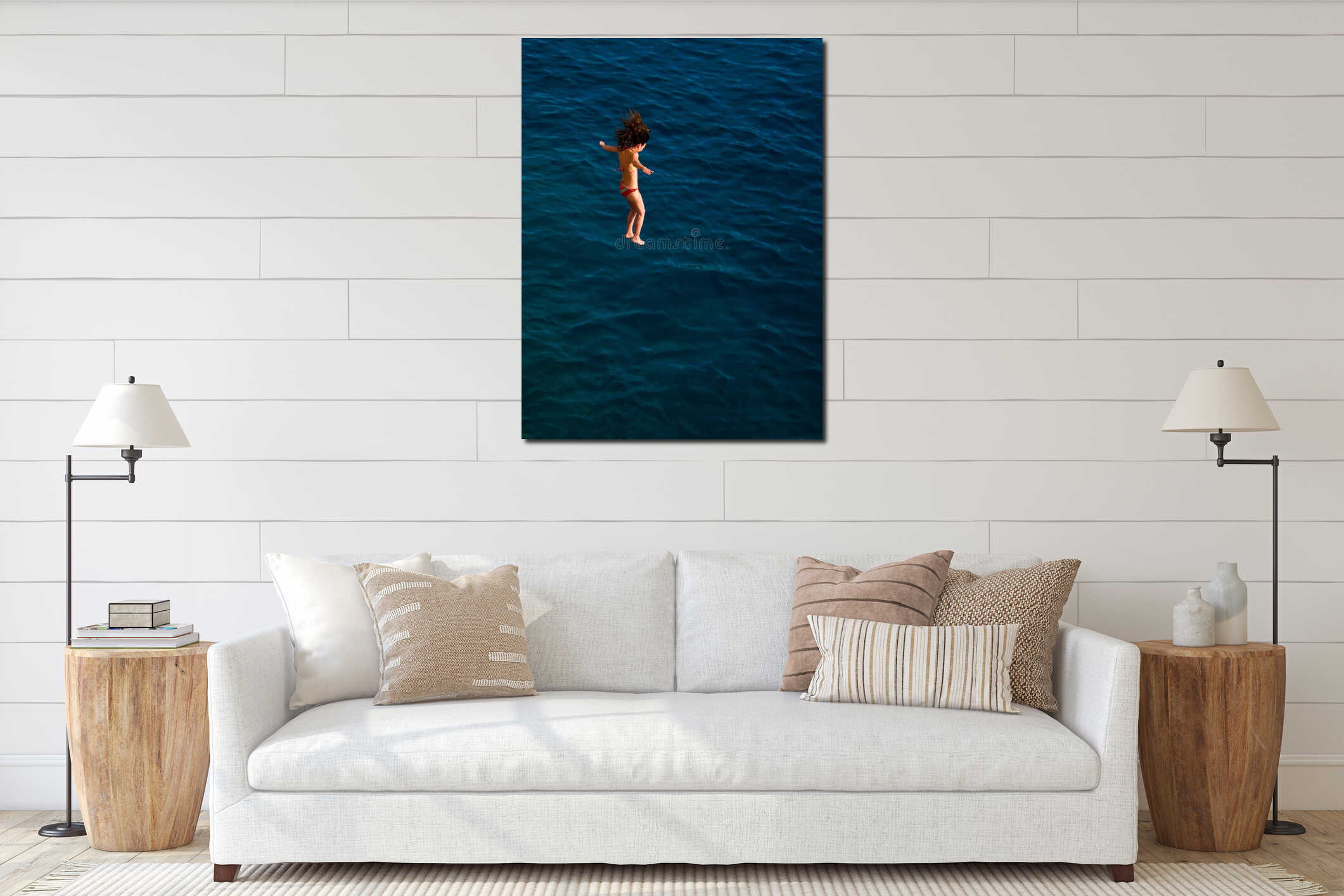 Little girl jumping in the water interior mockup