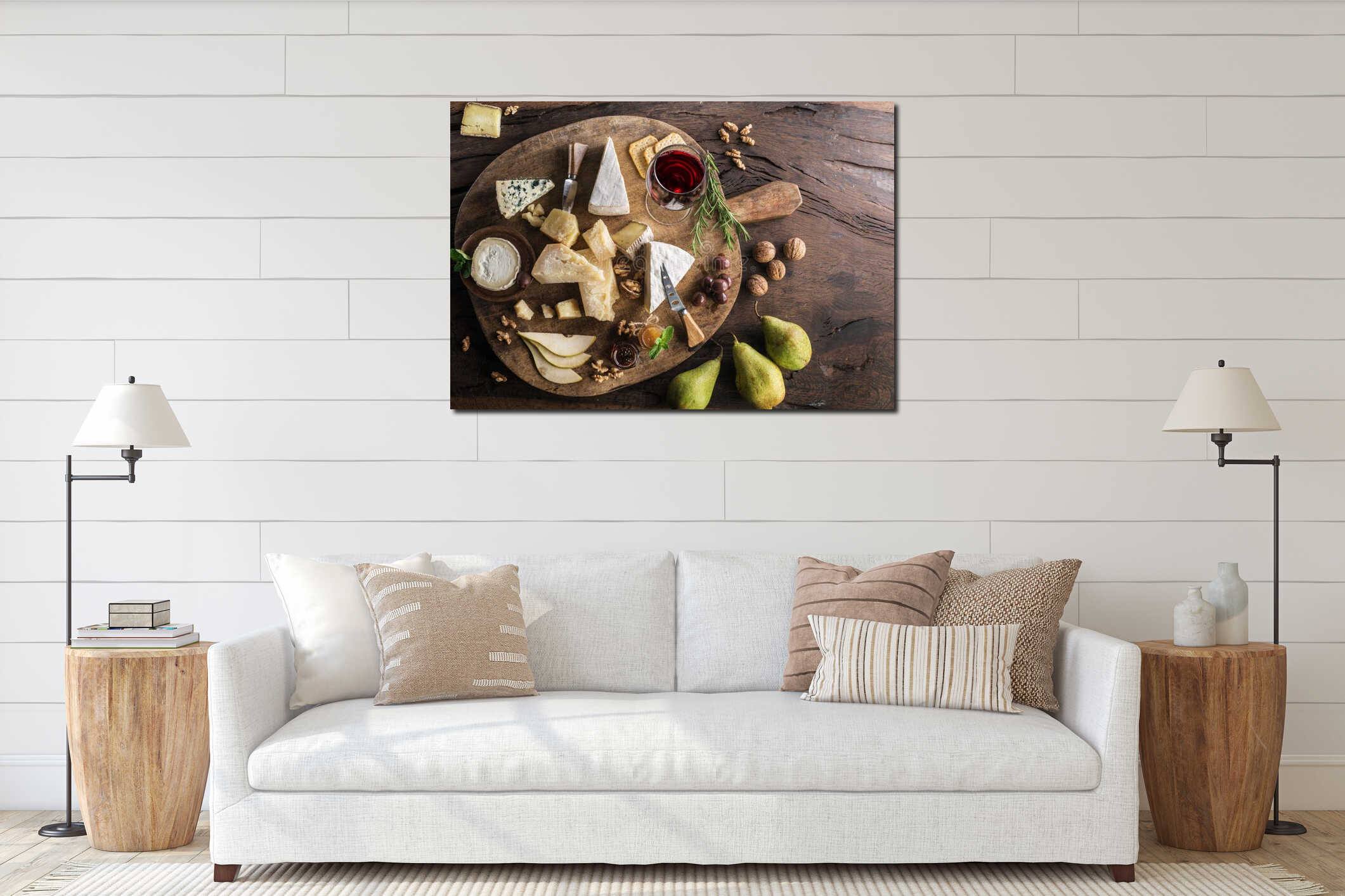 Cheese platter with organic cheeses, fruits, nuts and wine on wooden table. Top view. Tasty cheese starter interior mockup