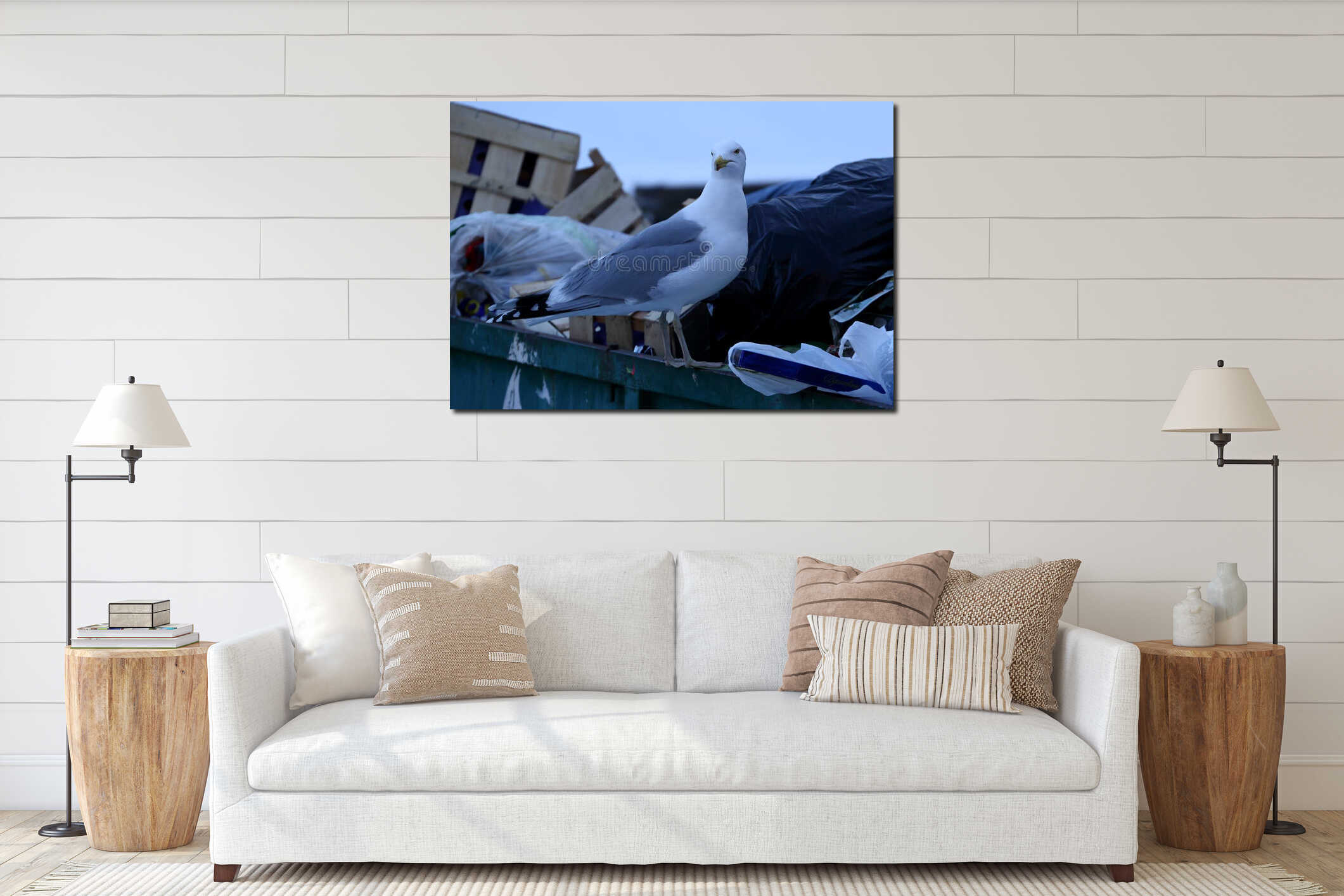 Seagull sits on the edge of a dumpster interior mockup