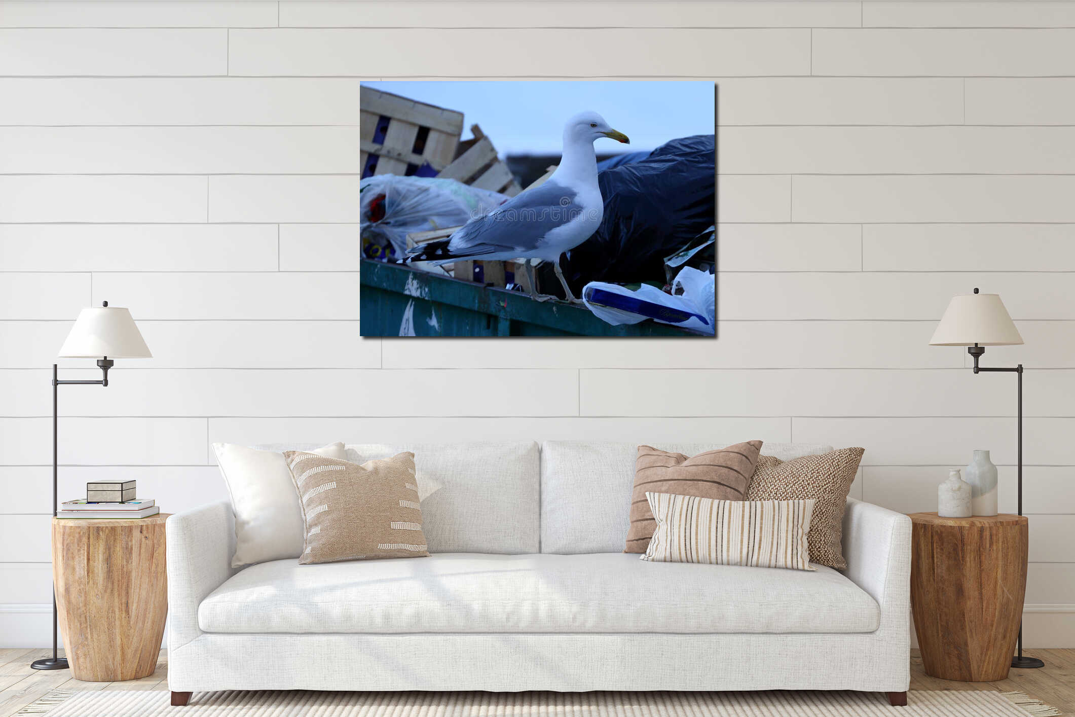Seagull sits on the edge of a dumpster interior mockup