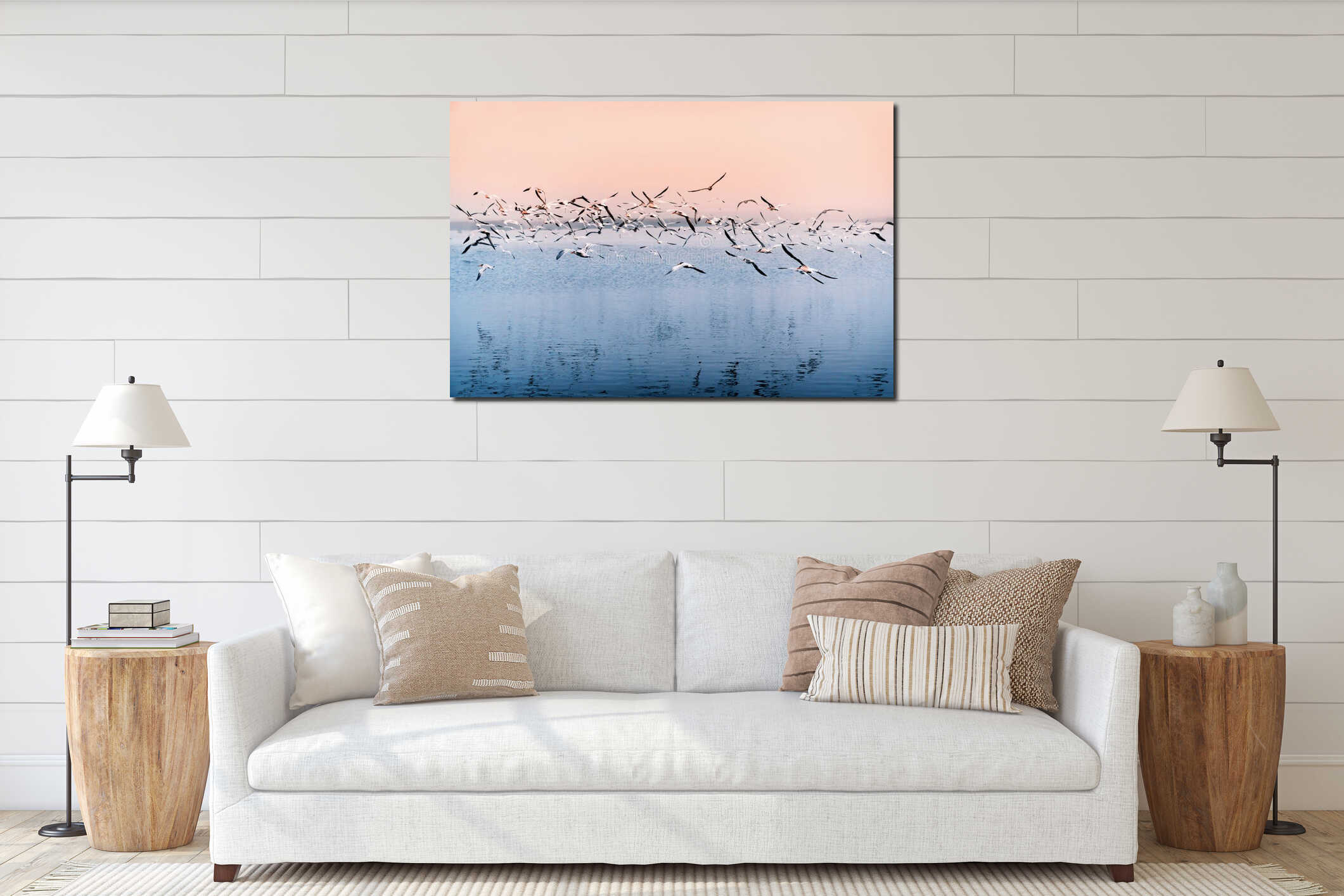 Colony of seabirds flying over the river. Pink sunset and Flock of least tern birds, CA interior mockup