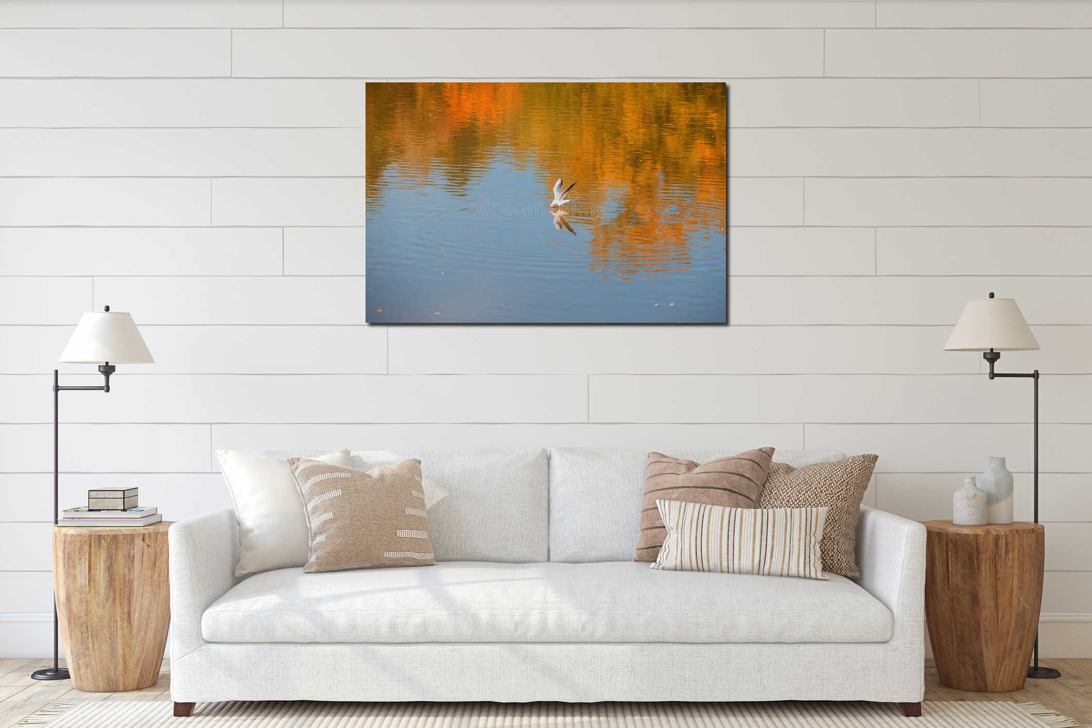 A seagull flies just above the surface and catches fish. His image is reflected in the water interior mockup