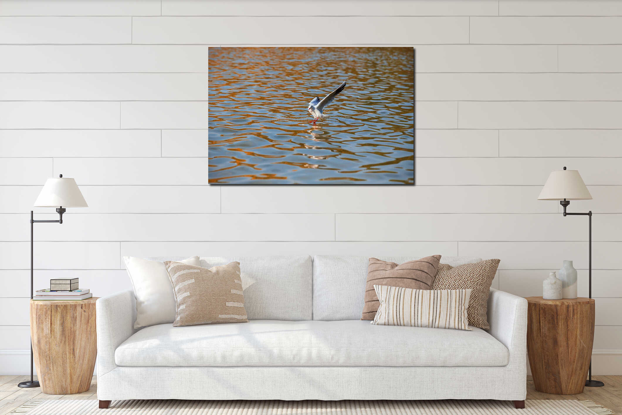A seagull flies over the surface of the pond. A seagull fluttering its wings. Front view of a seagull in flight interior mockup