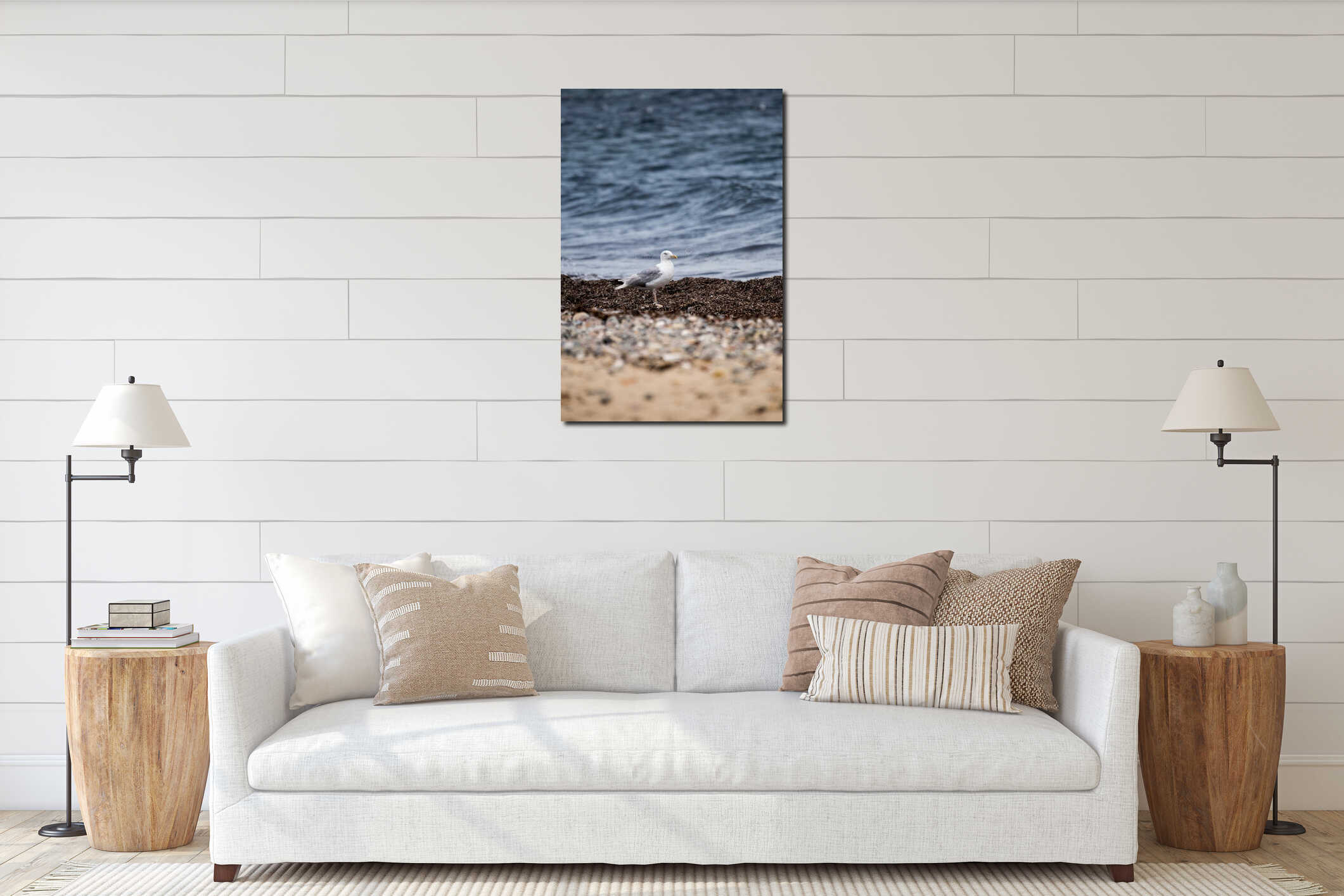 Seagull Standing on Seaweed in front of Ocean, Germany interior mockup