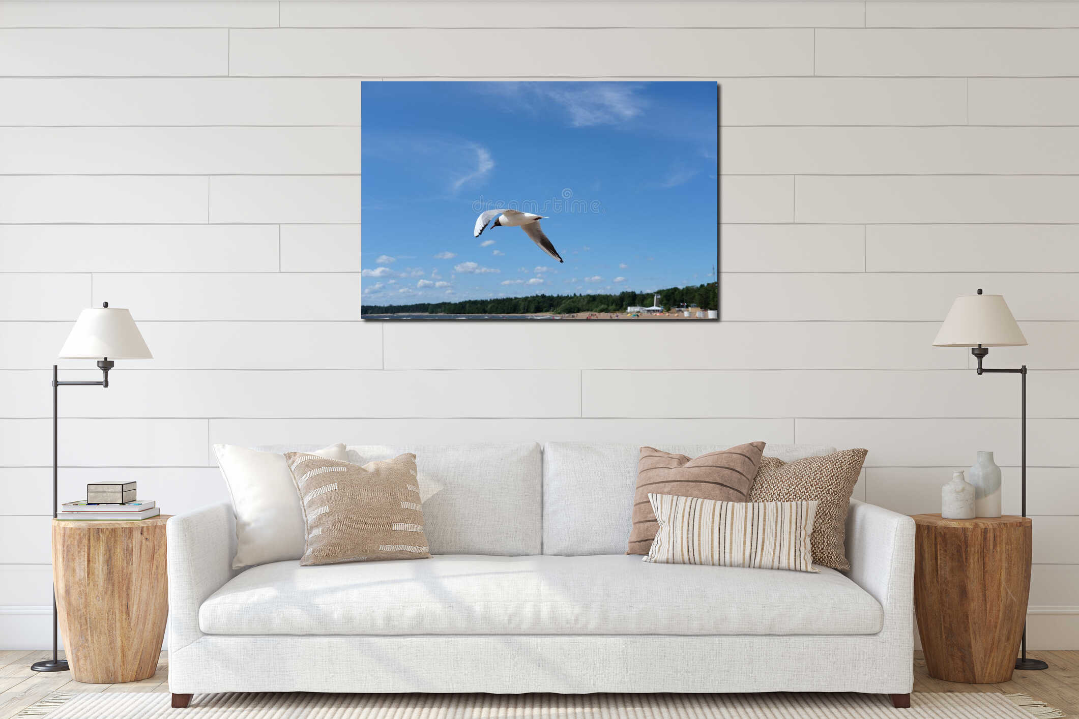 Seagull flying freely over the water interior mockup