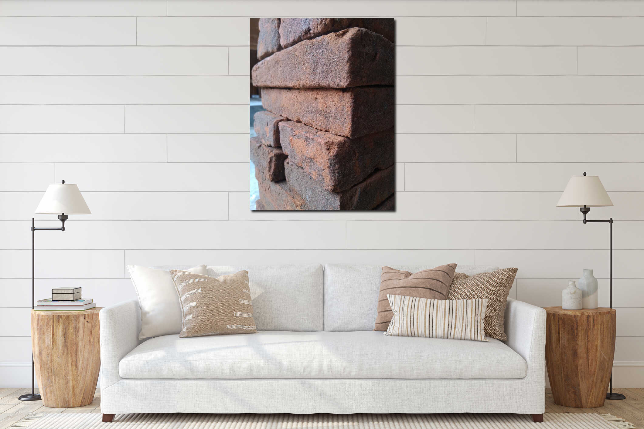 corner of the pile of red bricks interior mockup