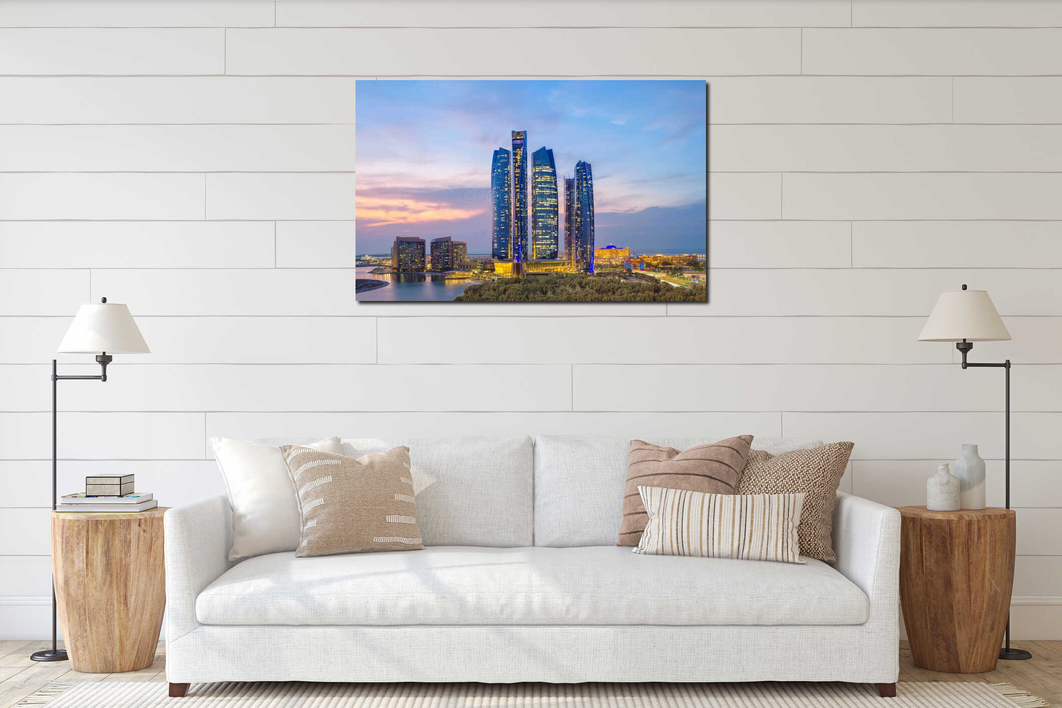 Panoramic view of Abu Dhabi cityscape interior mockup