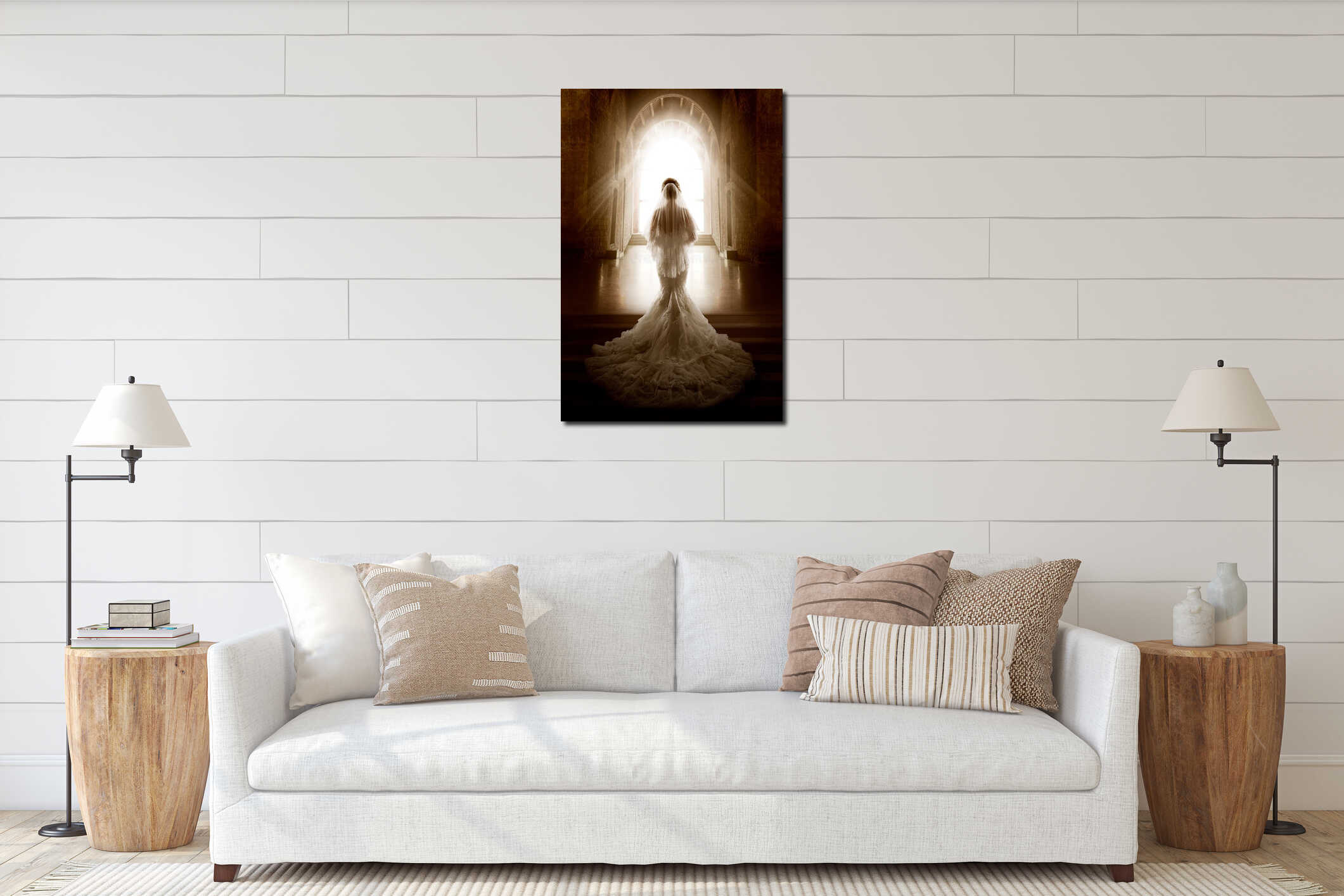 Bride Back Side View walking down Aisle Church. Wedding Ceremony Day. Bridal Dress long Train and Lace Veil. Indoor Art Portrait interior mockup