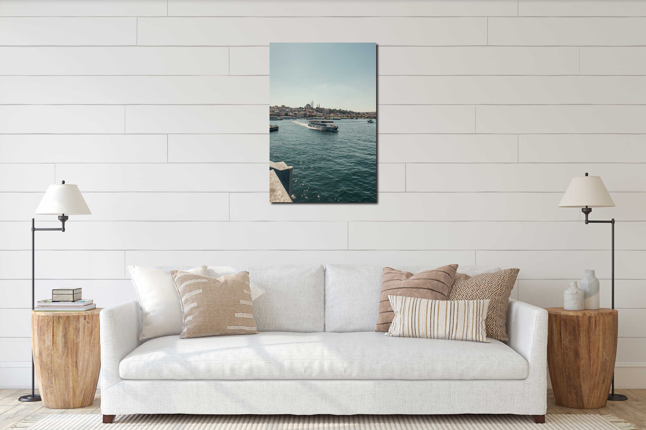 touristic ship floating on Bosphorus strait interior mockup