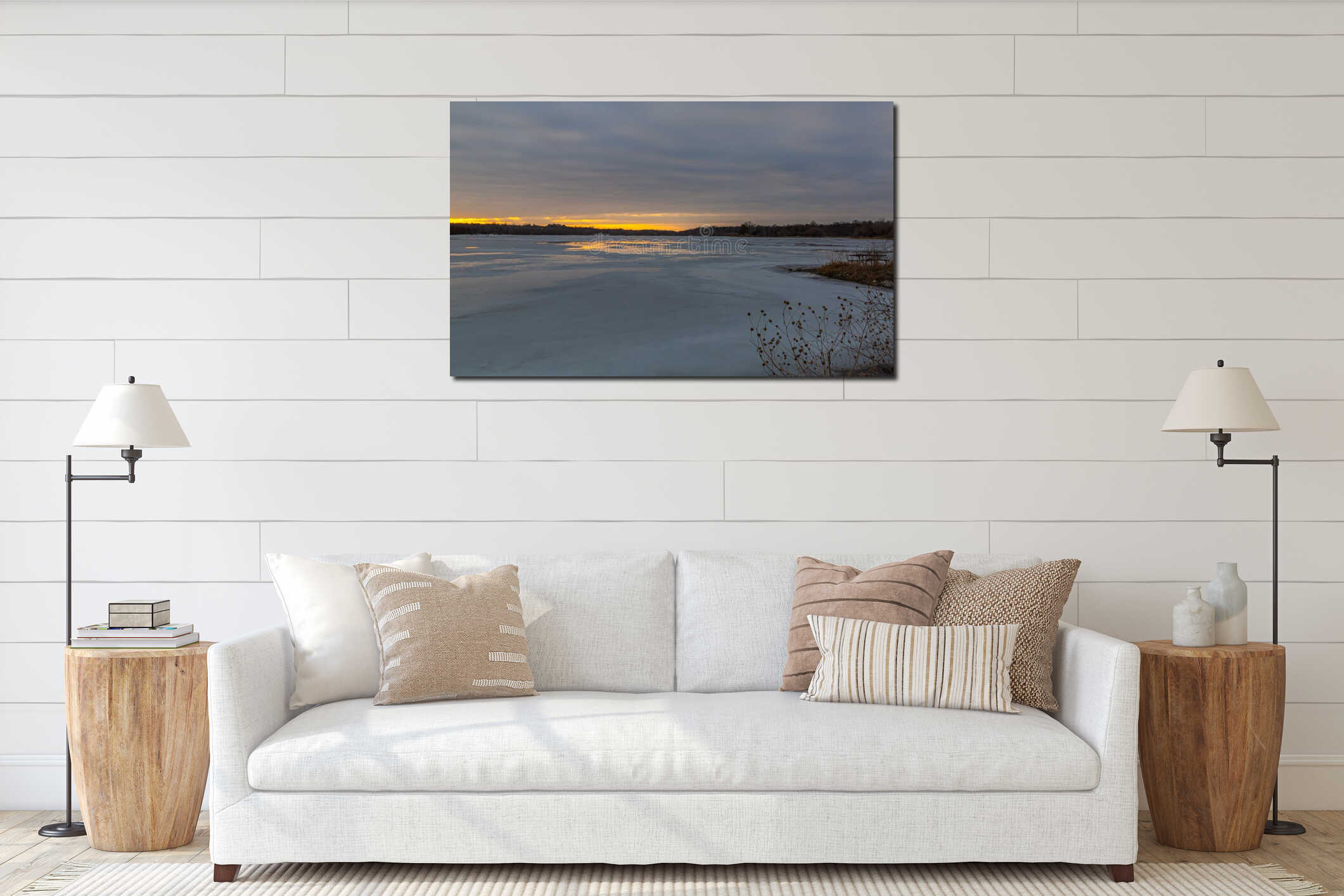 Golden sunset clouds reflecting on frozen lake interior mockup