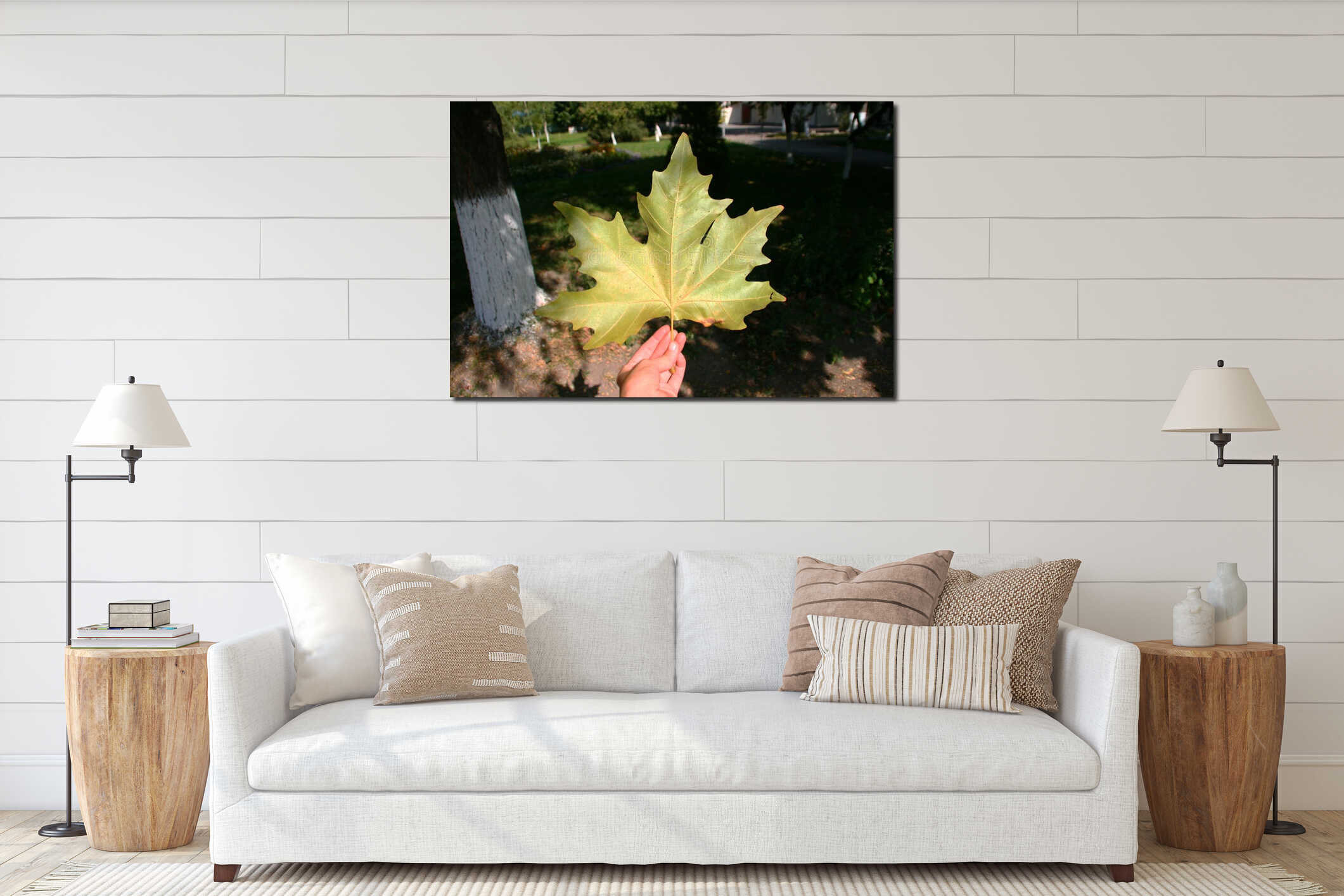 Horse chestnut leaf hold in a hand. Fresh green leaf in hand interior mockup