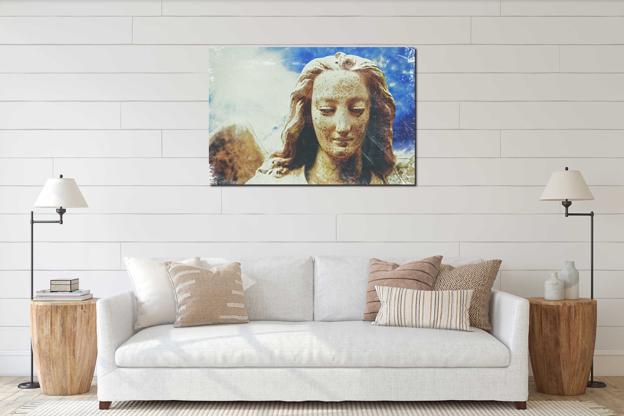 Retro styled ancient statue of beautiful guardian angel in sun rays interior mockup