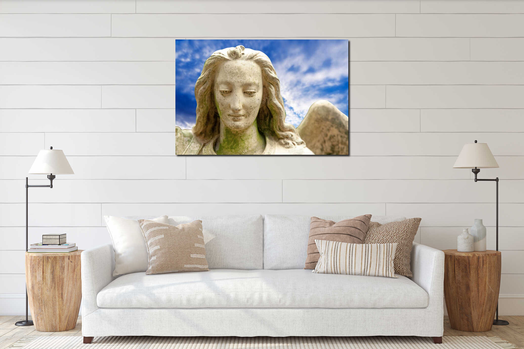 Retro styled ancient statue of beautiful guardian angel in sun rays interior mockup