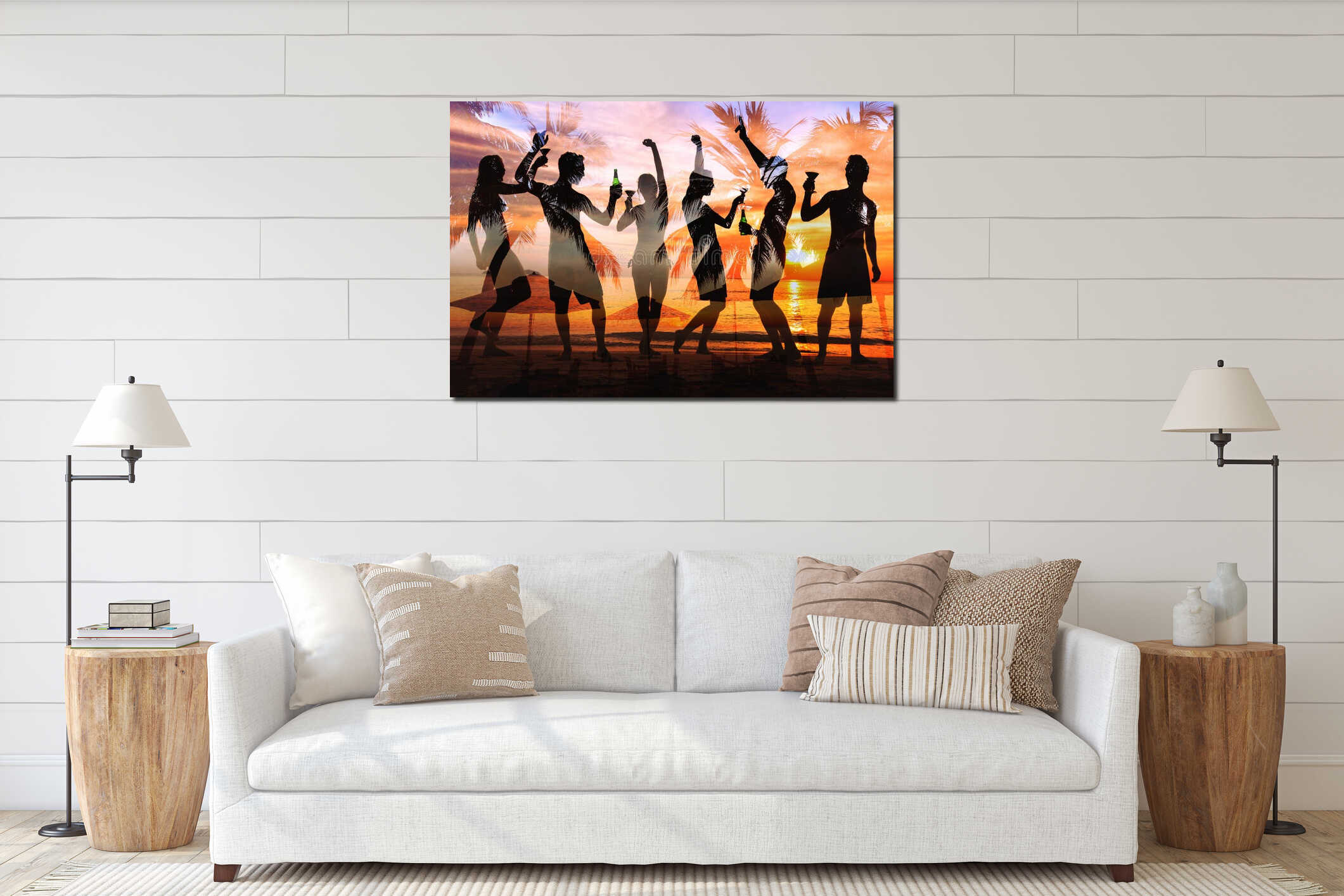 tropical beach party, group of young people dancing, friends drinking beer and cocktails, silhouettes interior mockup