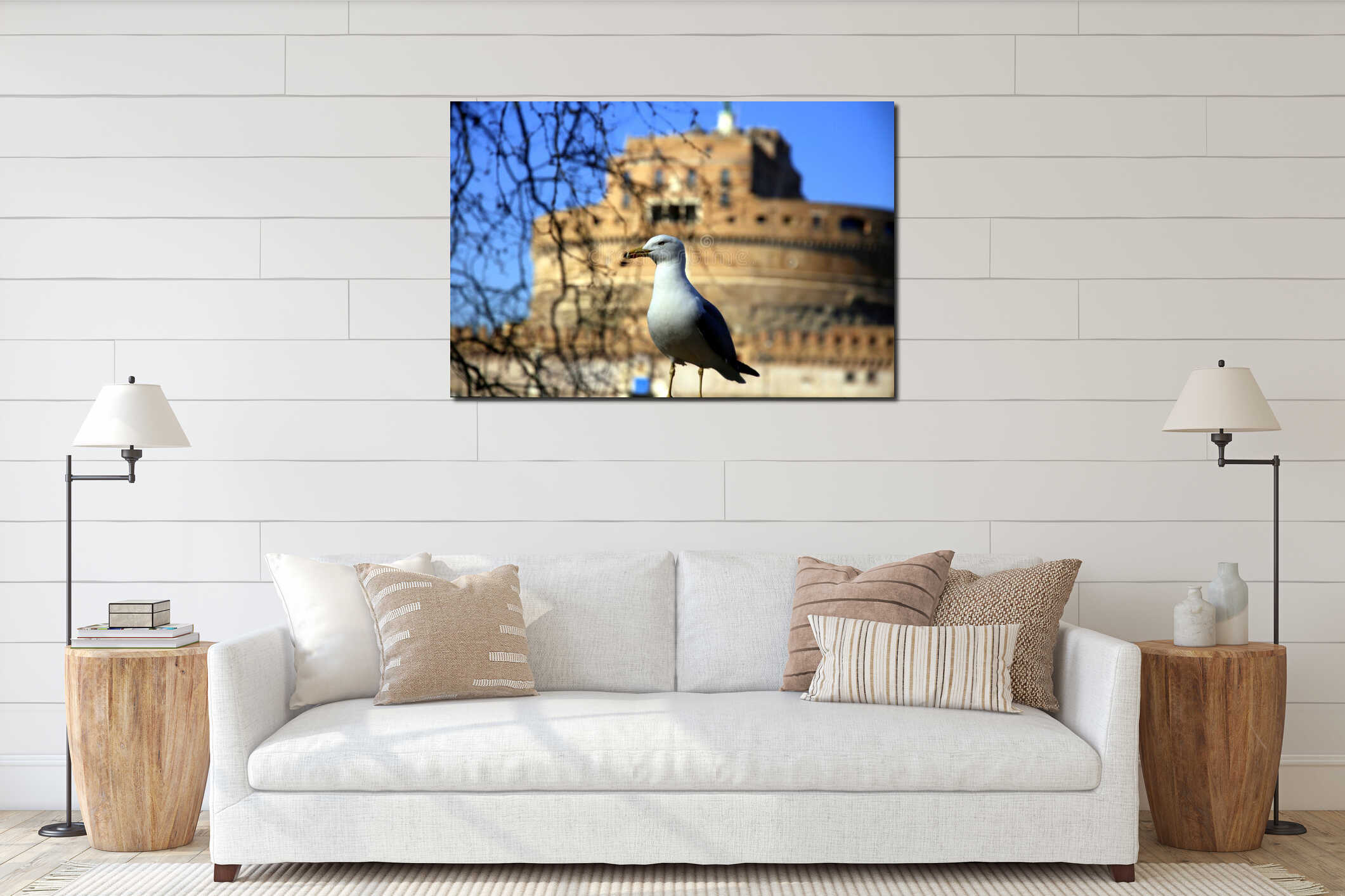 Seagull posing in front of the Roman cityscape background interior mockup