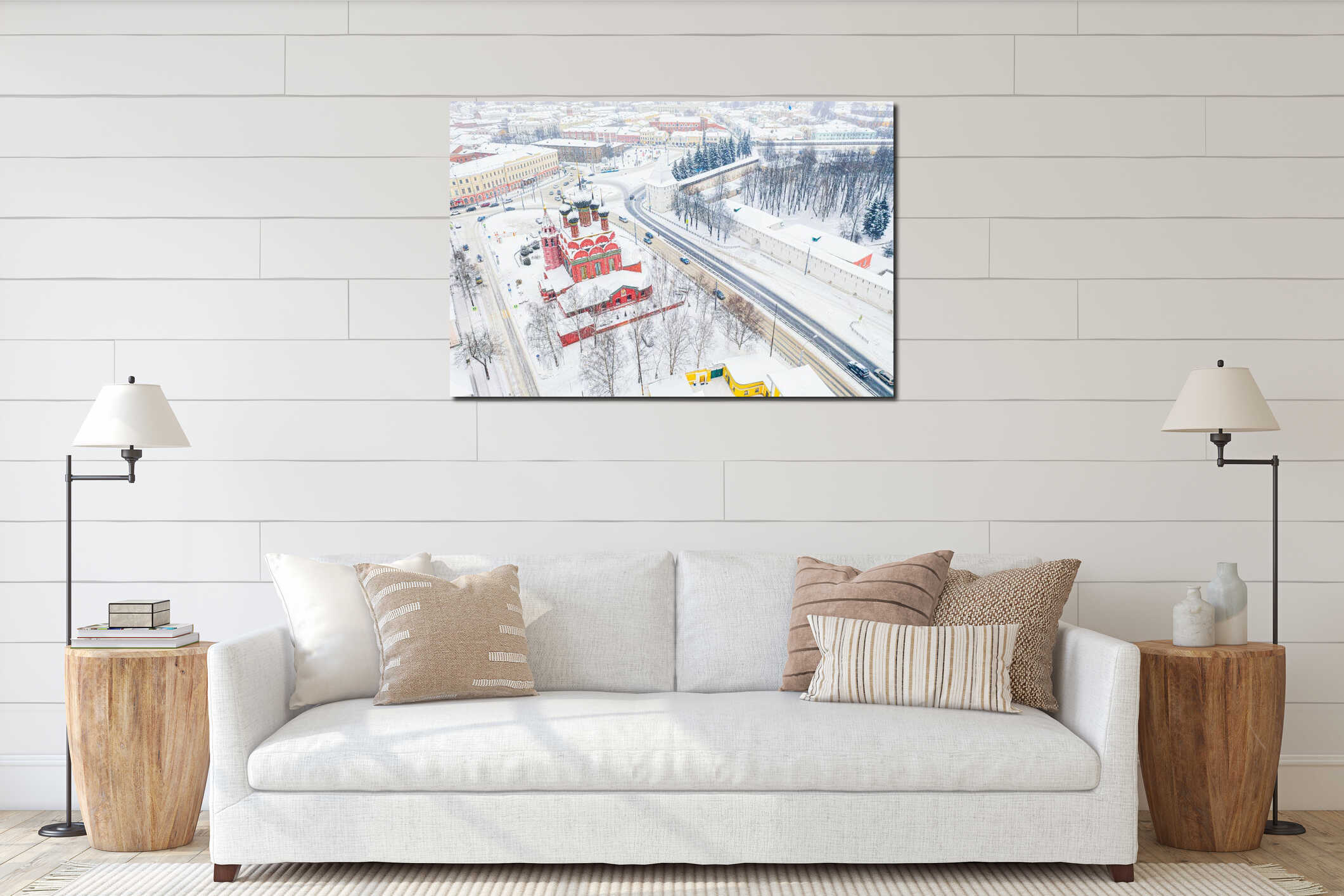 Aerial drone view of Orthodox Epiphany Church and old city center in winter of Yaroslavl, Russia. Ancient russian city of the interior mockup