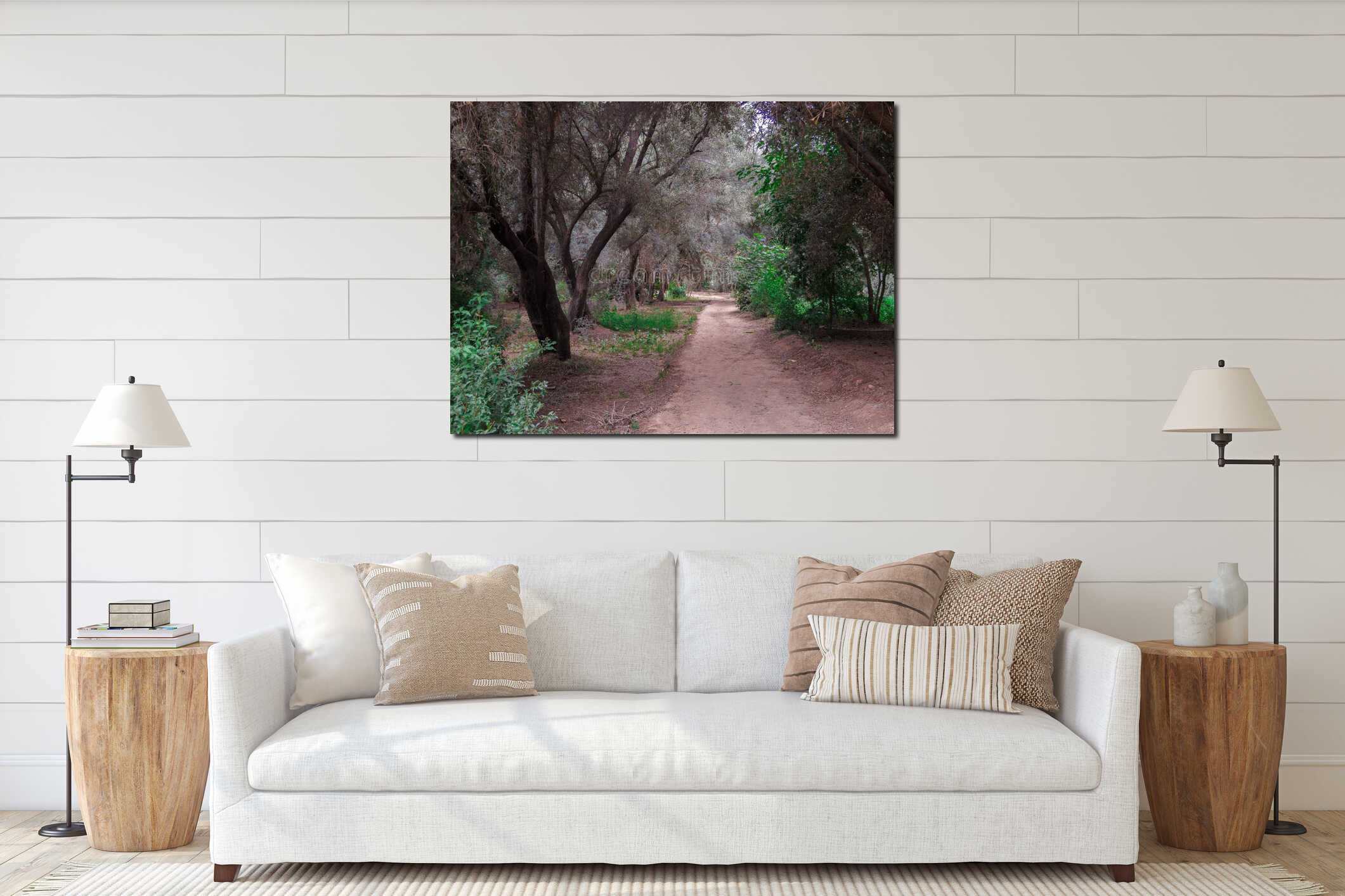 Walking path in the forest between dry autumn trees on a gloomy day interior mockup