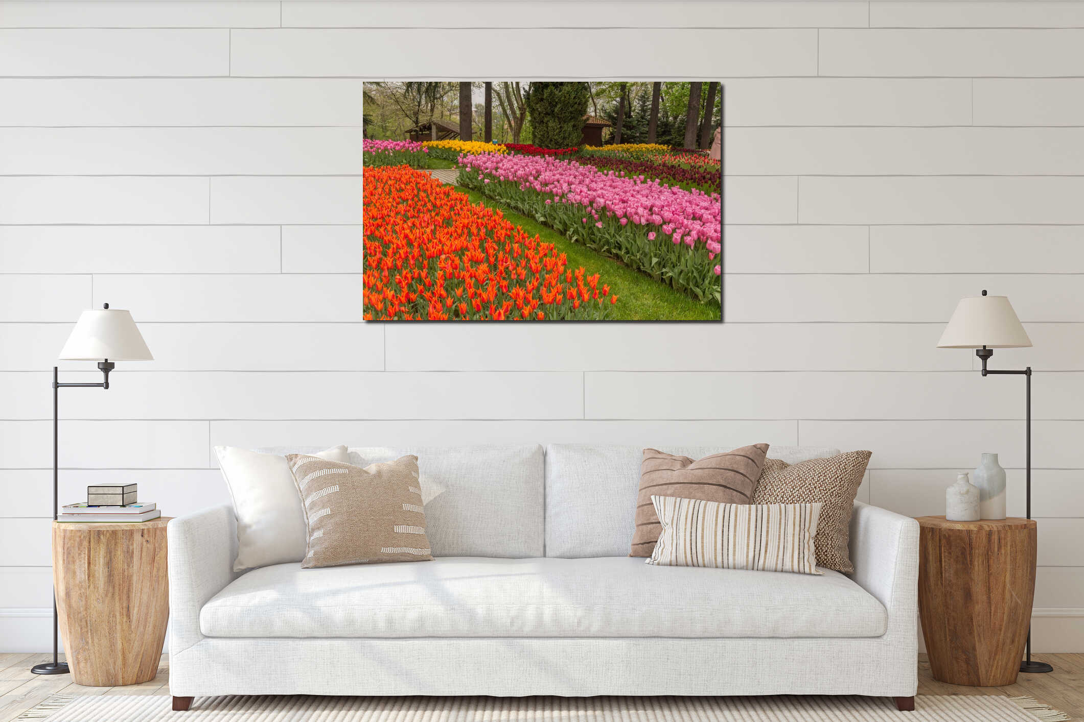 Flower beds with red and white tulips in the tulip festival Emirgan Park, Istanbul, Turkey interior mockup