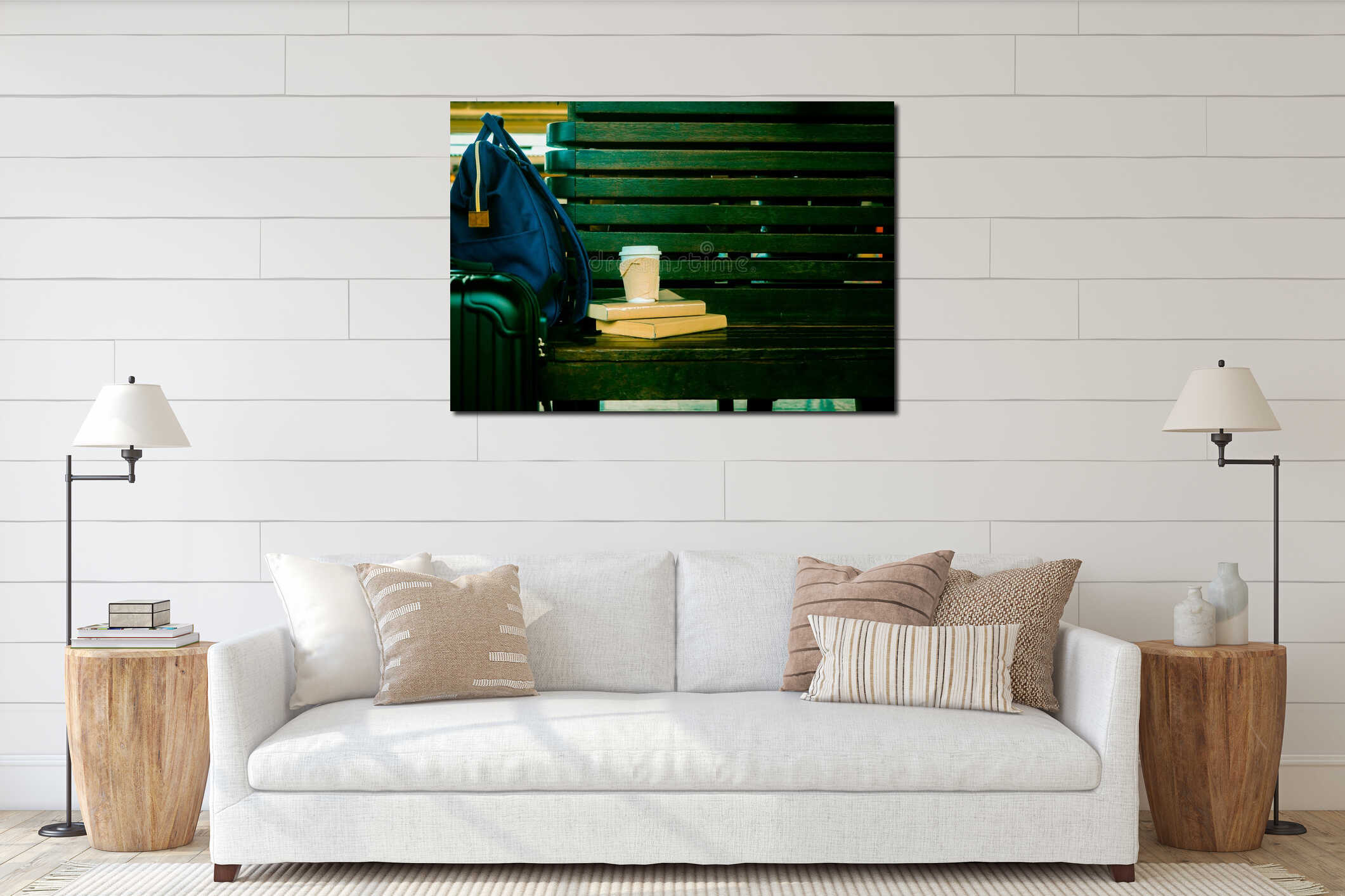 Travel concept.beautiful girl reading book wating train.woman in plaid shirt waiting train sitting on old wooden bench close interior mockup