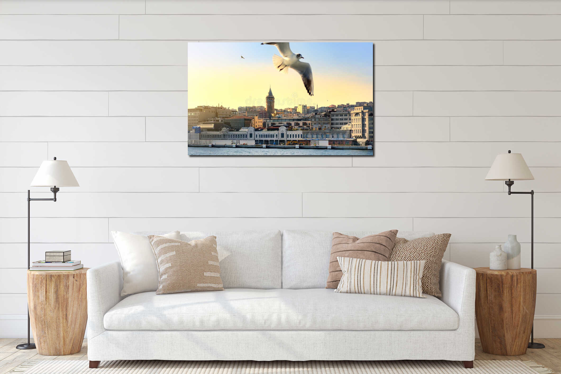 Aerial view of Beyoglu district with old houses and Galata Tower on top in Istanbul, Turkey. Bay Golden Horn. Flying seagull. interior mockup