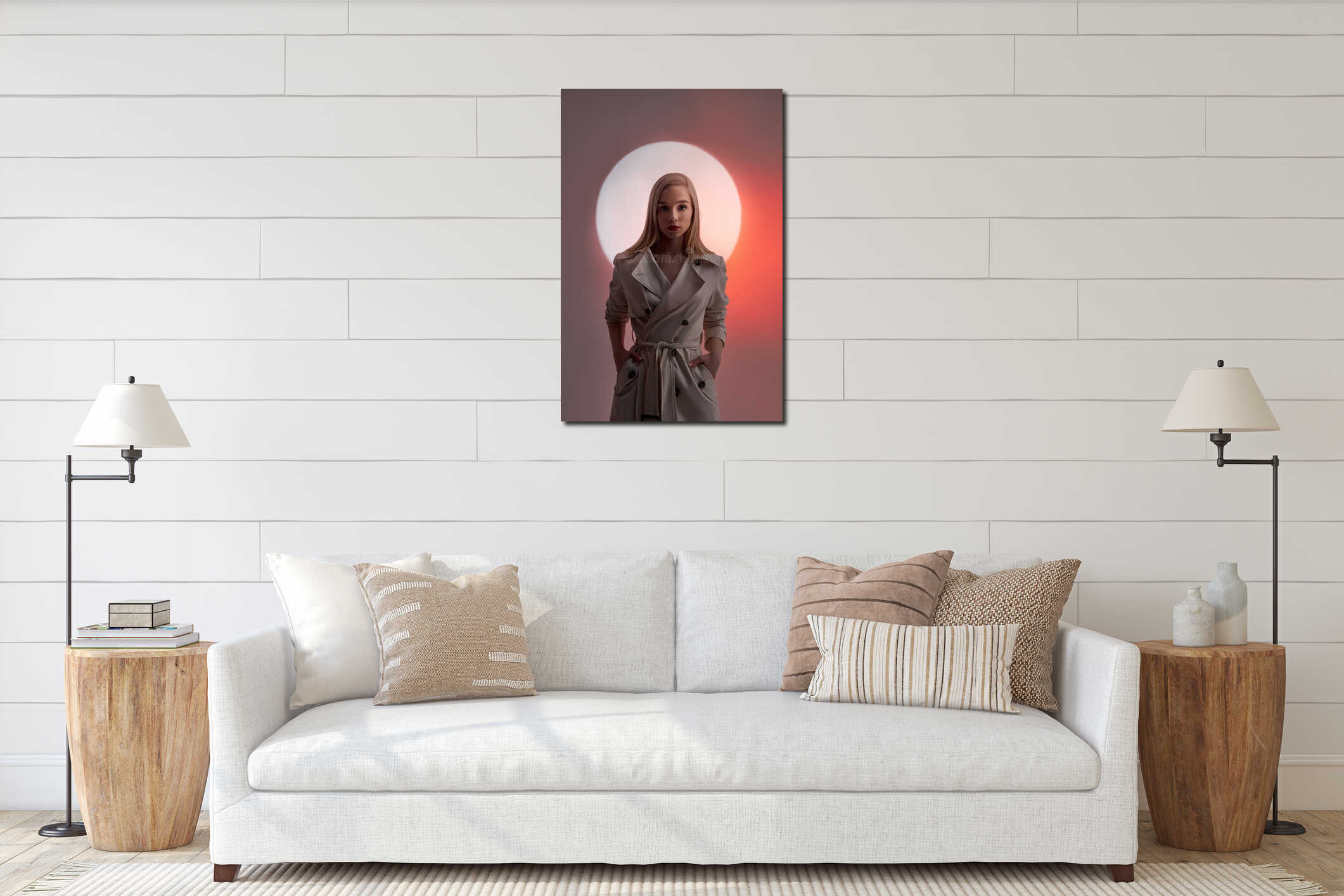 Art portrait of a woman in a raincoat in a glowing circle. Blurry out of focus face of a woman. Contrast light on face and interior mockup