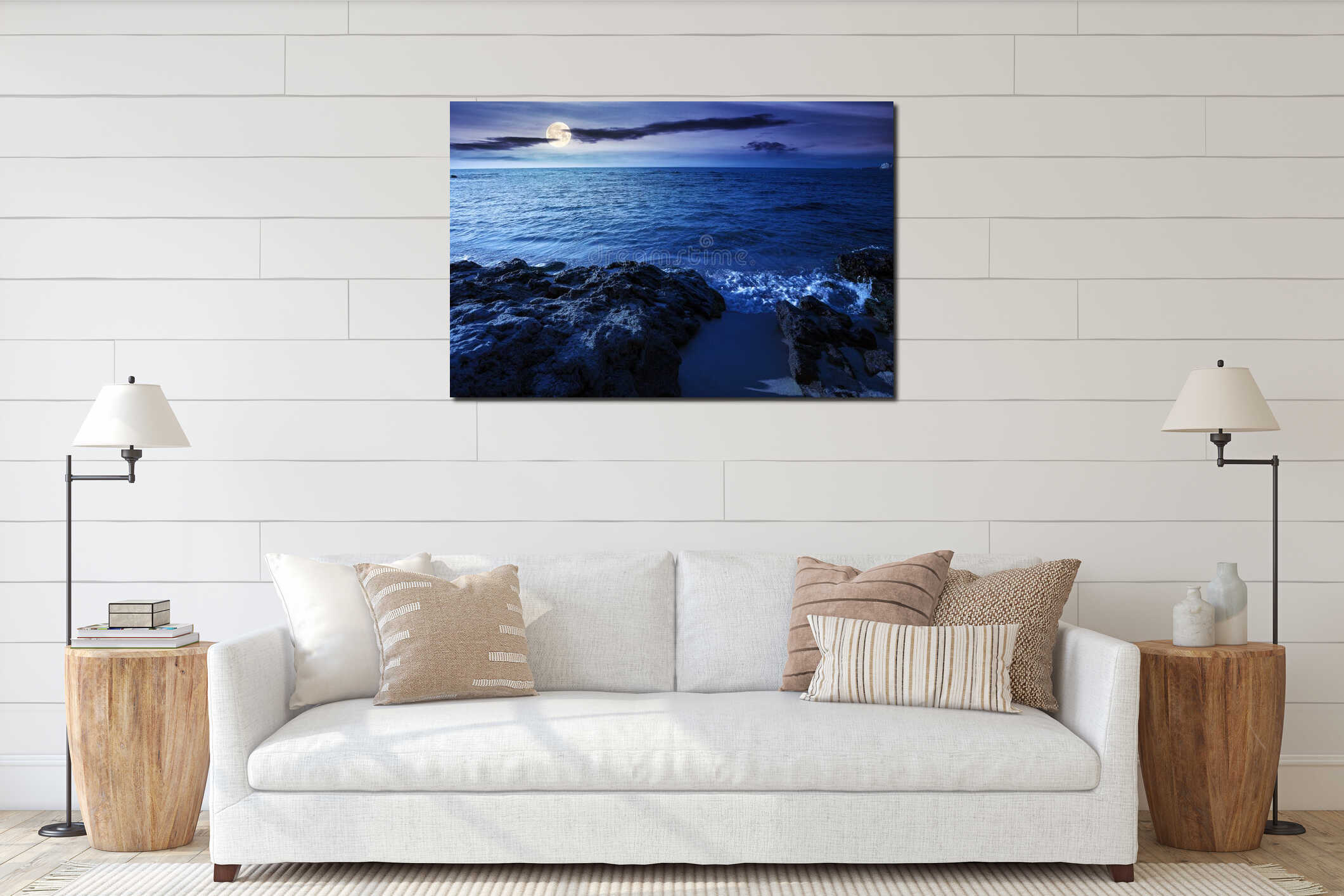 Seascape on a sunny morning at night interior mockup