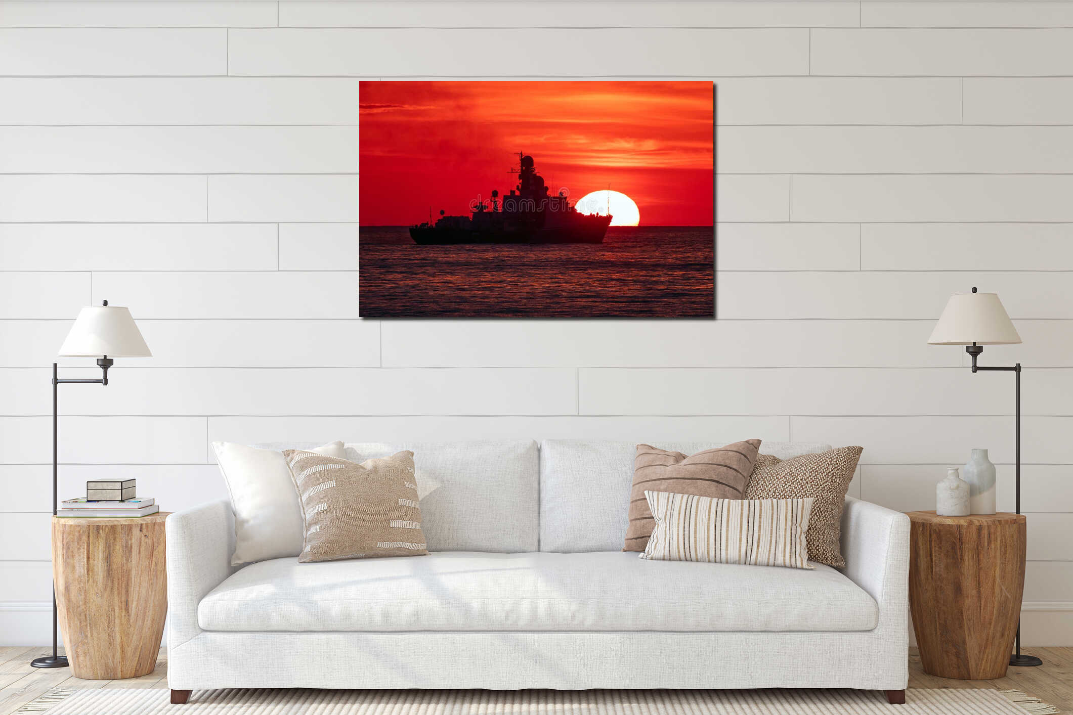 A SHIP SAILING AGAINST THE BACKDROP OF A BEAUTIFUL SUNSET interior mockup