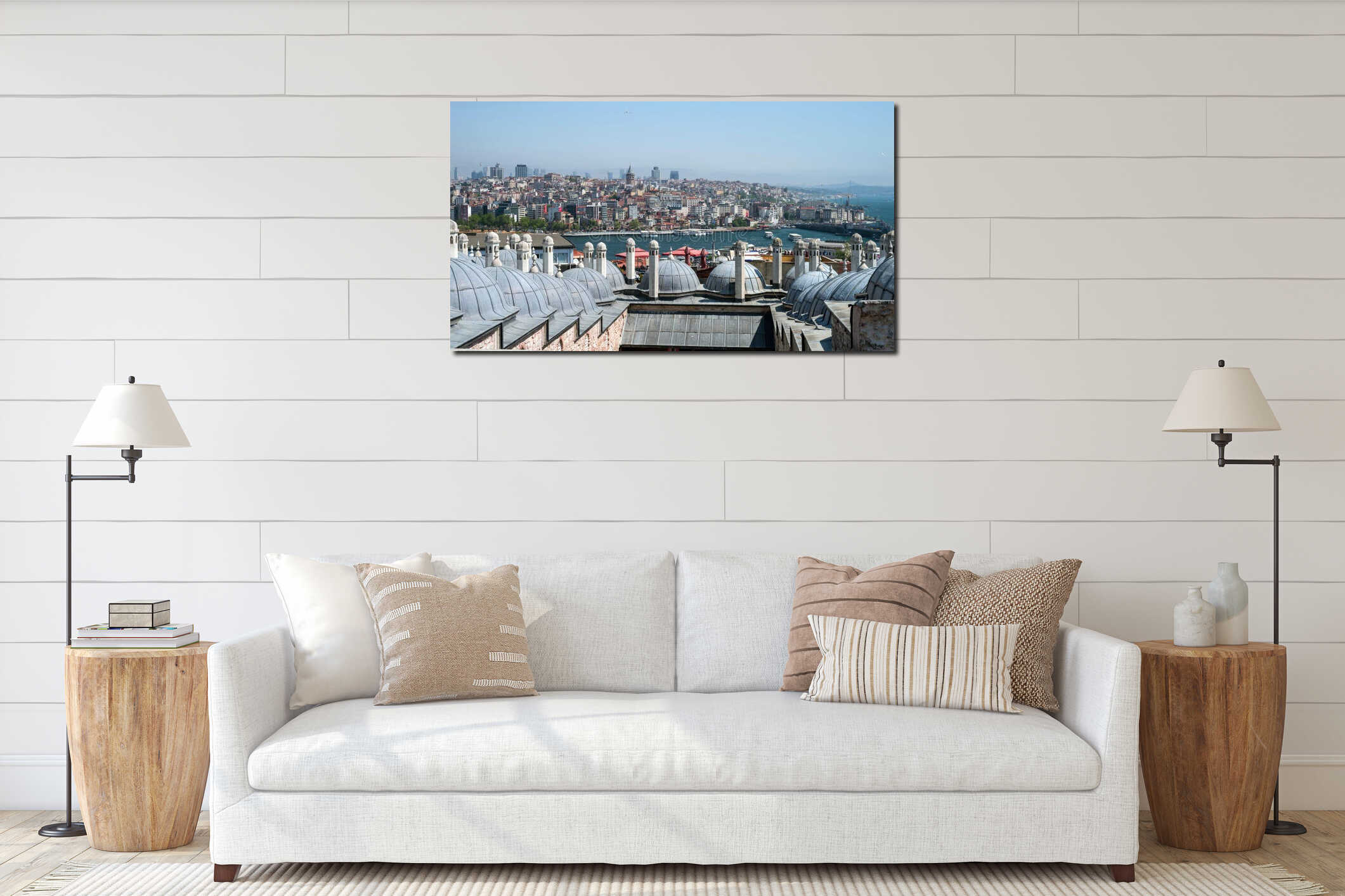 Panorama of the European part of Istanbul, the Golden Horn, and the Bosphorus with the domes of the Suleymaniye Mosque interior mockup