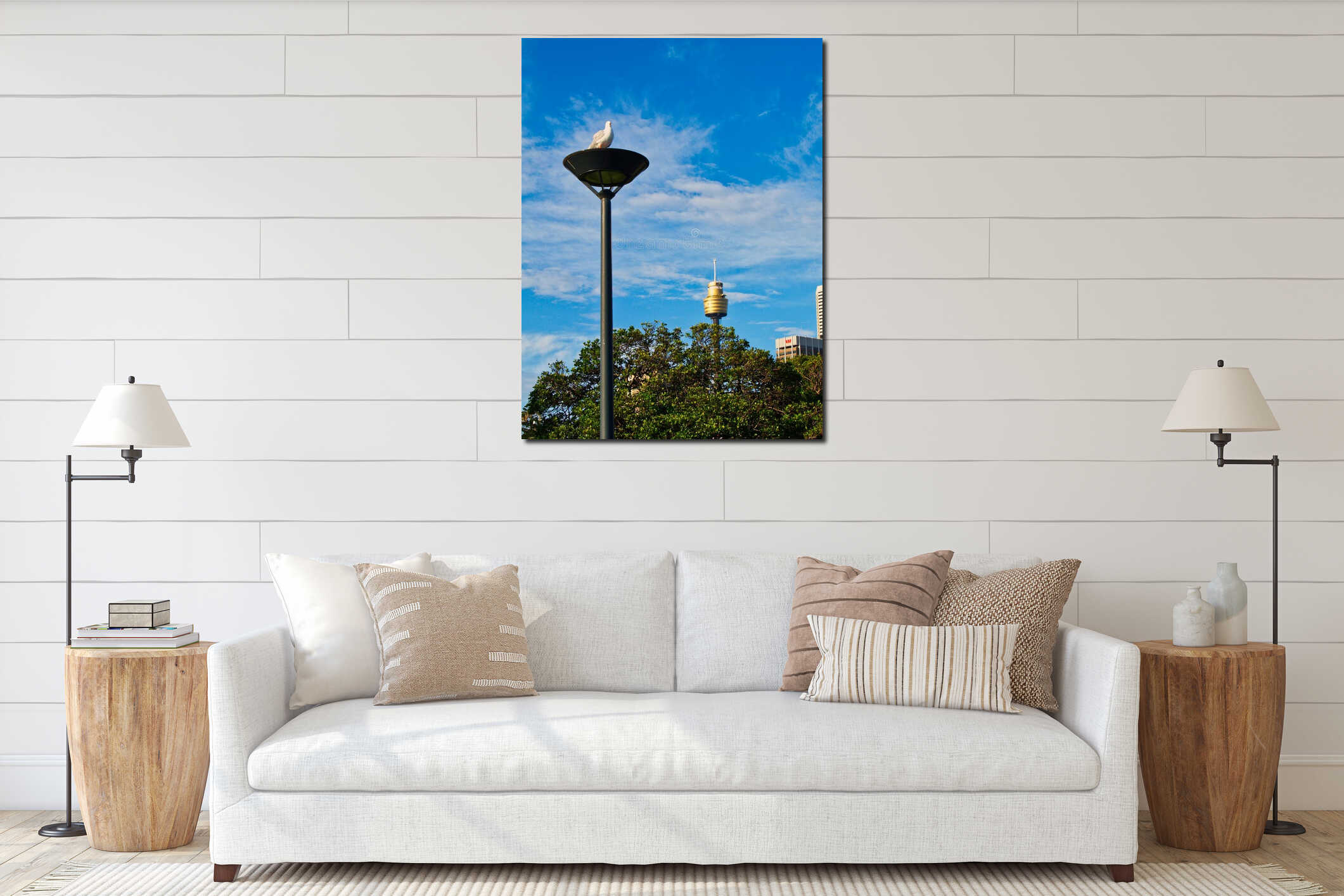 Seagull Perched on Light Pole With Sydney Tower, Australia interior mockup