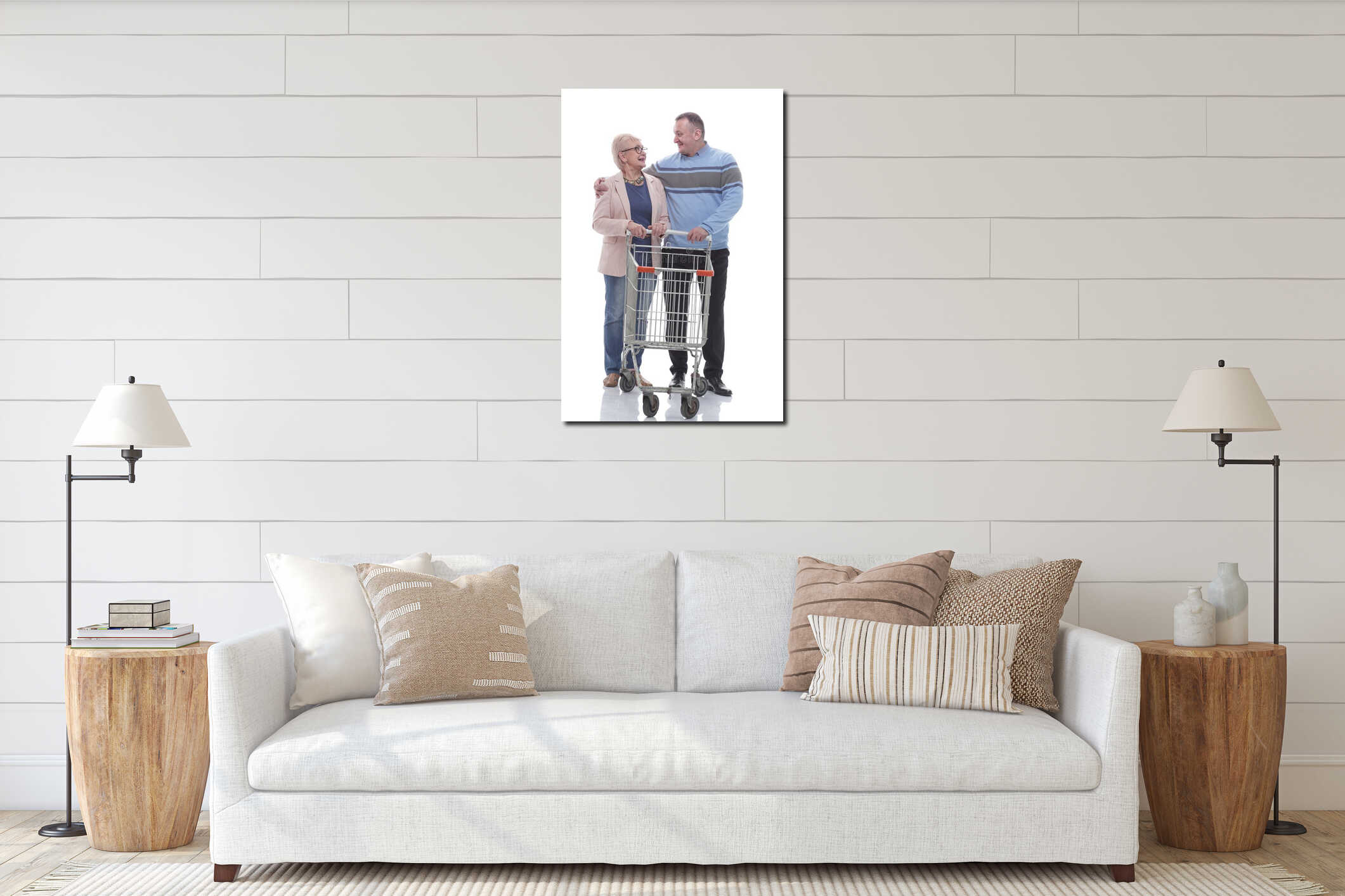 in full growth. cute couple with shopping cart. interior mockup