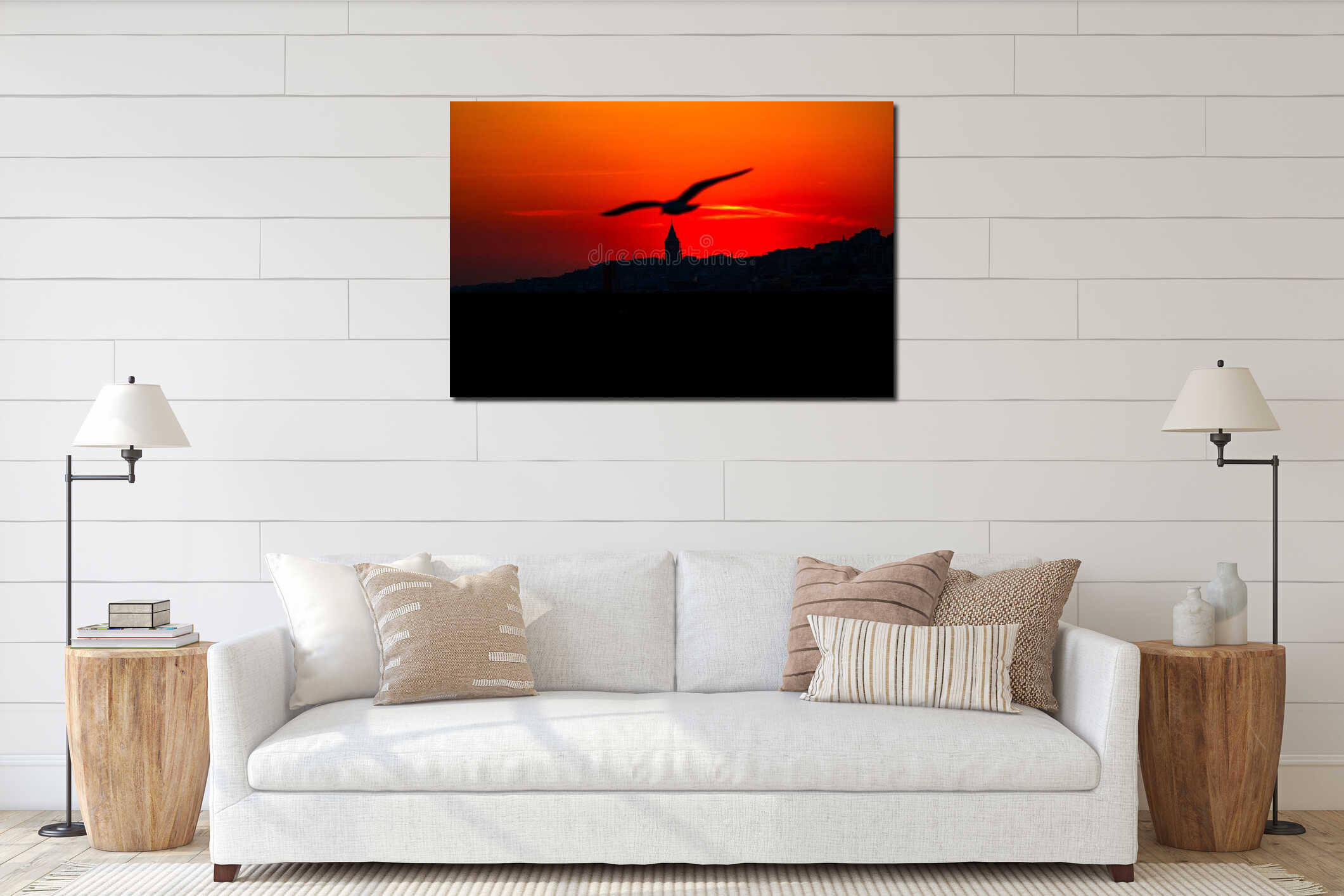 Galata Tower and Seagull at sunset interior mockup