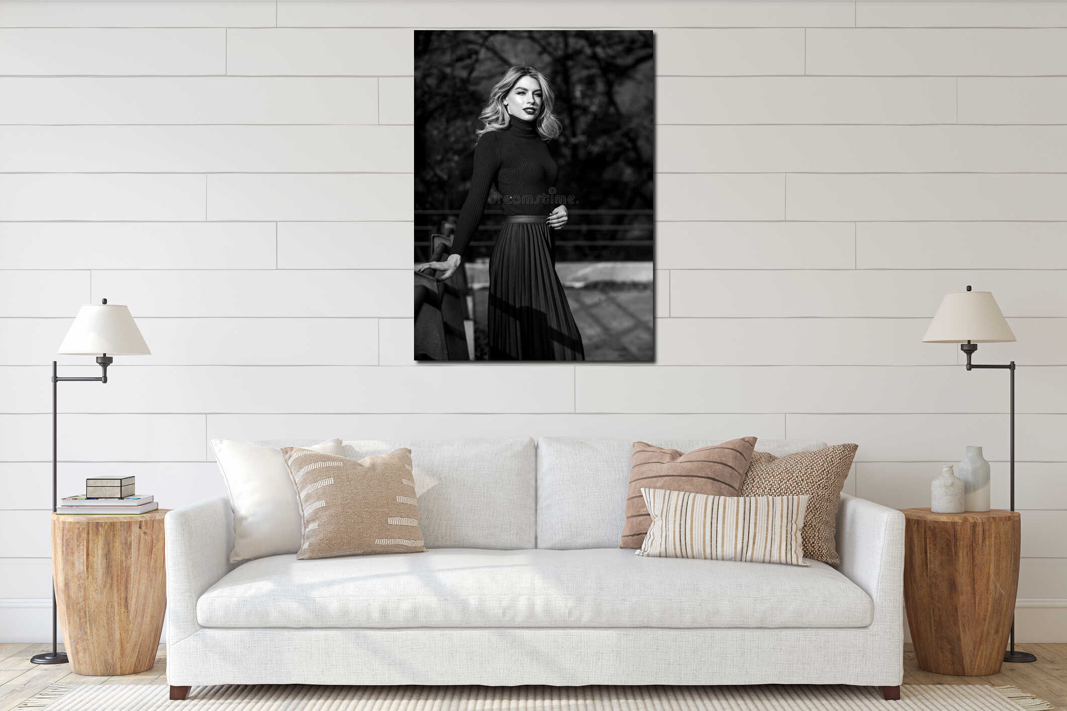 Follow me. haidresser and makeup. fall fashion season. autumn woman curly hair outdoor. girl in corrugated skirt and interior mockup