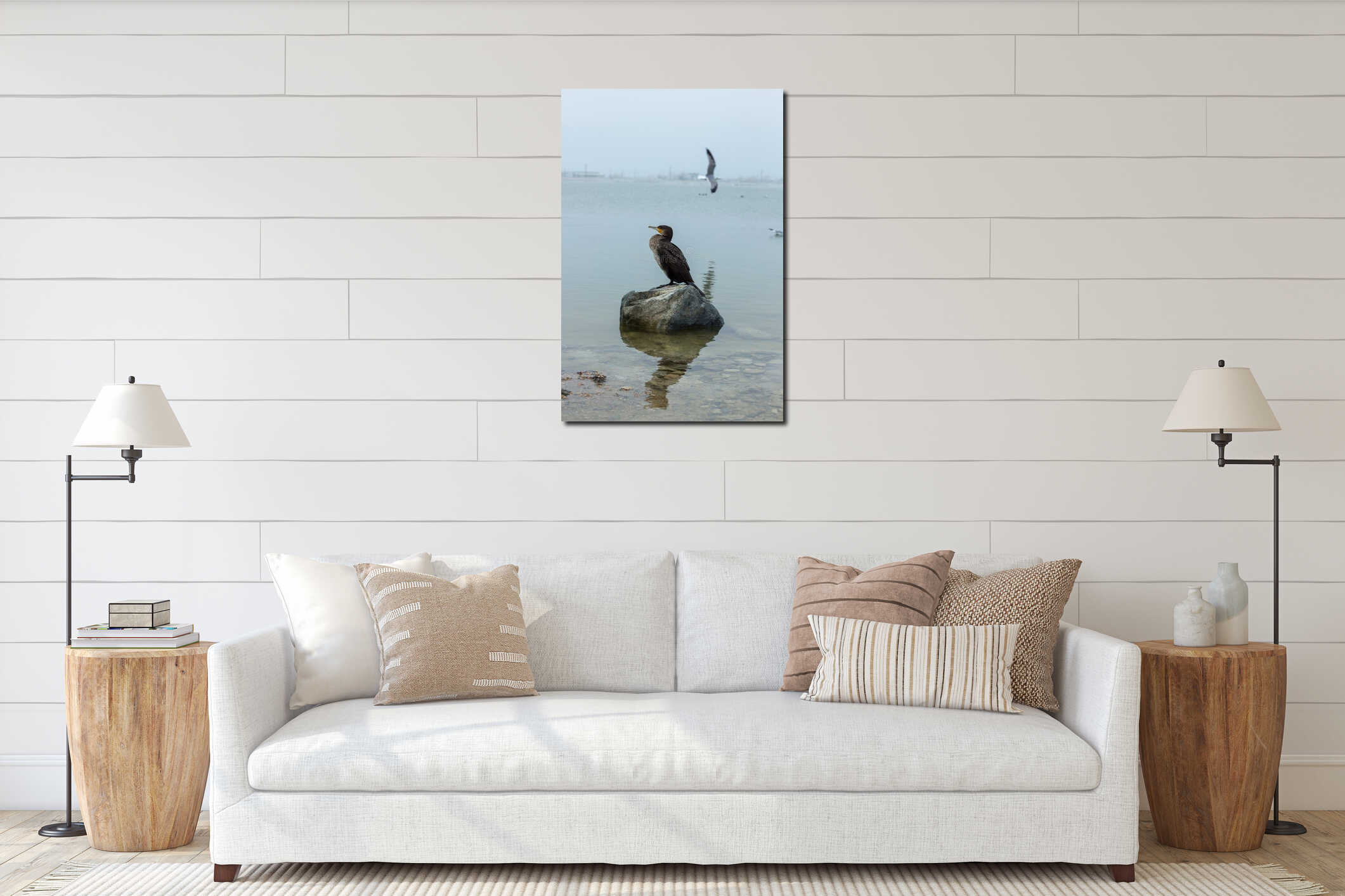 Cormorant sitting on a stone in the water interior mockup