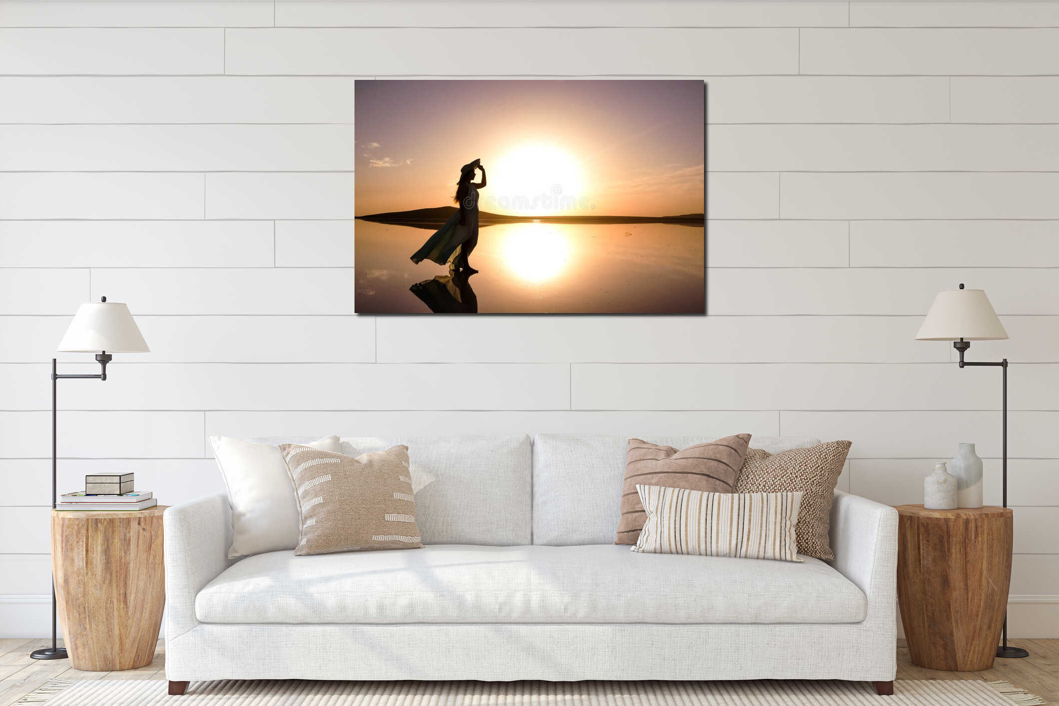 girl in a long dress and a hat on a salty pink lake against the background of a bright sunset. dark silhouette interior mockup