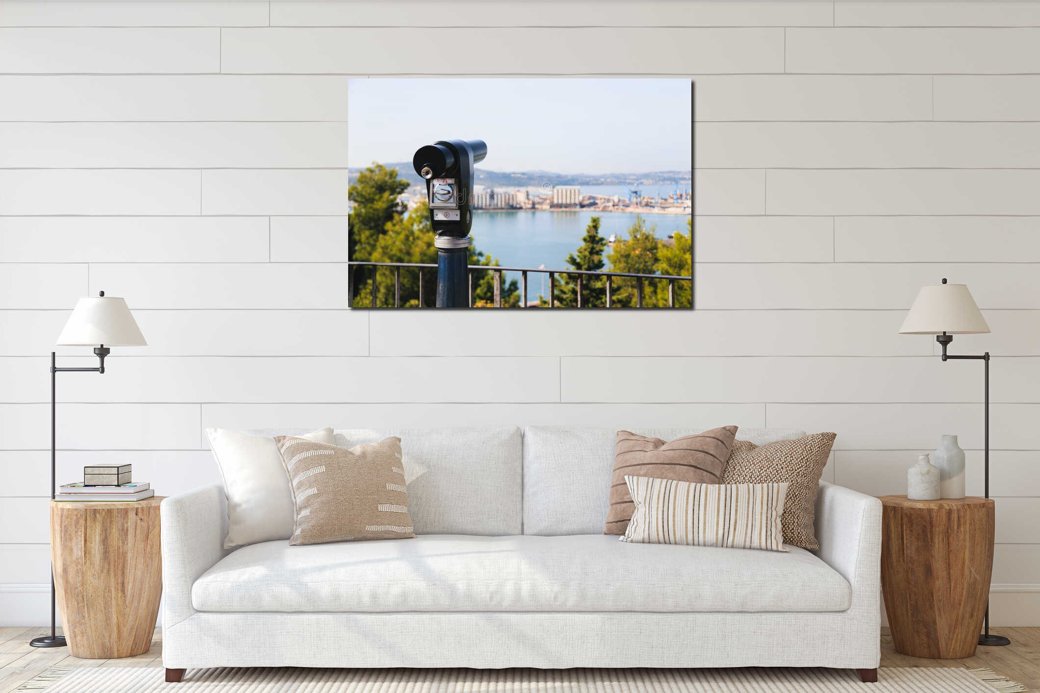 Sightseeing tourist coin operated telescope at watching point with scenic view at the port of Ancona, Italy interior mockup