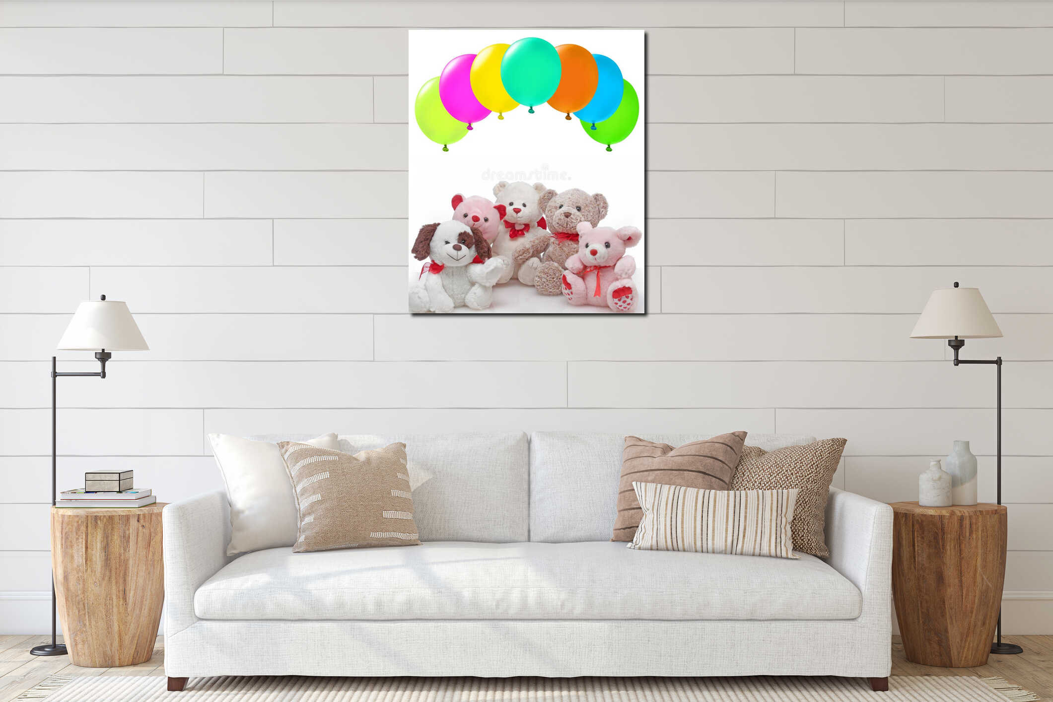 Close up of Colorful balloons and cute doll. interior mockup