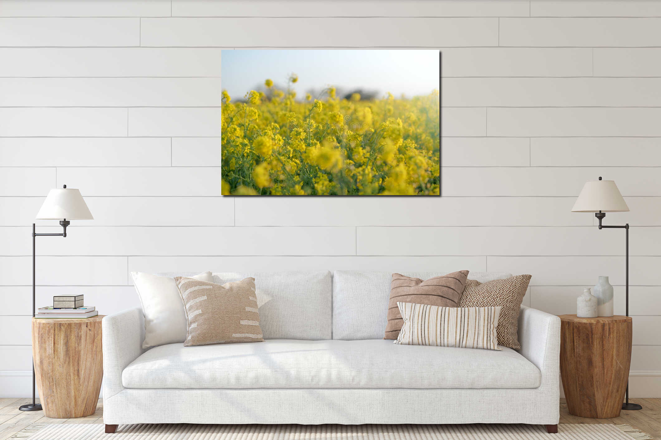 Beautiful bright colorful spring and summer landscape with rapeseed plant interior mockup
