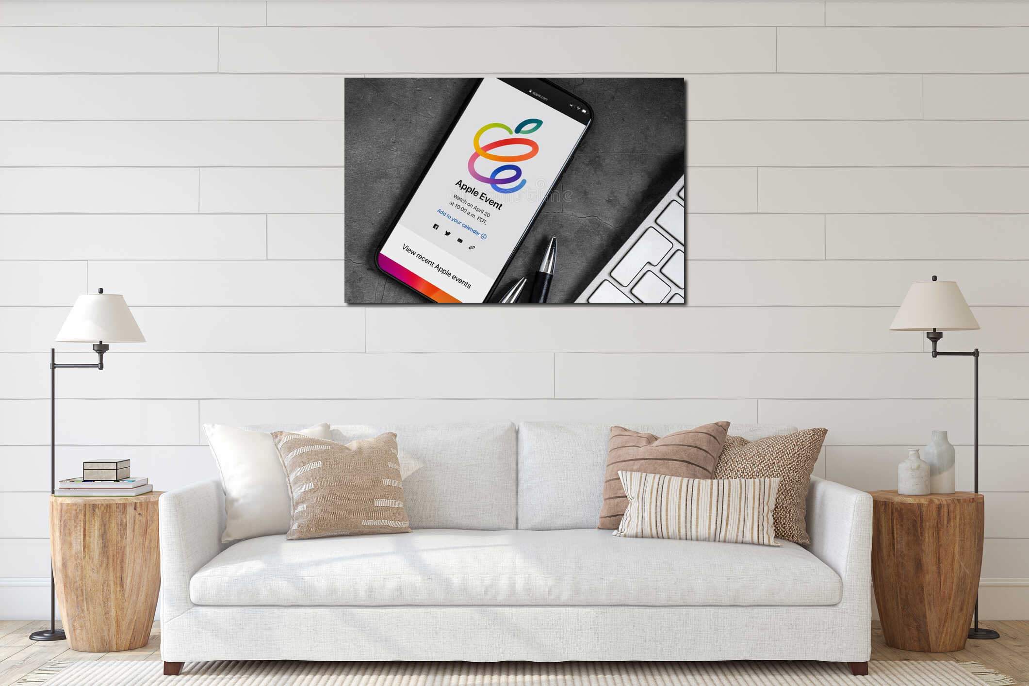 Antalya, Turkey - April 13, 2021: hands holding iPhone with Apple event logo 2021 on the screen. interior mockup