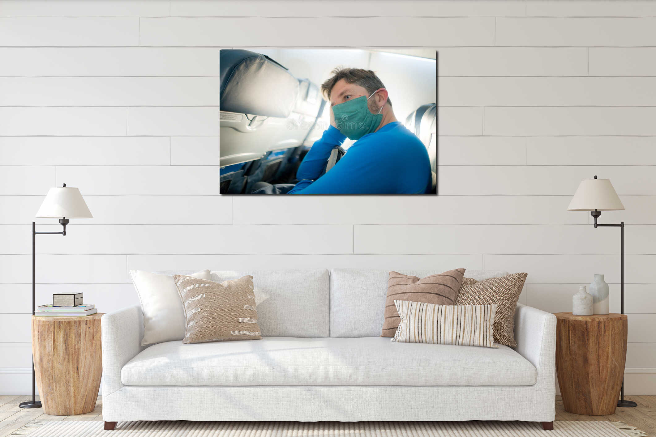 Travel and tourism in times of covid19 - lifestyle portrait of young attractive Caucasian man in face thoughtful and pensive in interior mockup