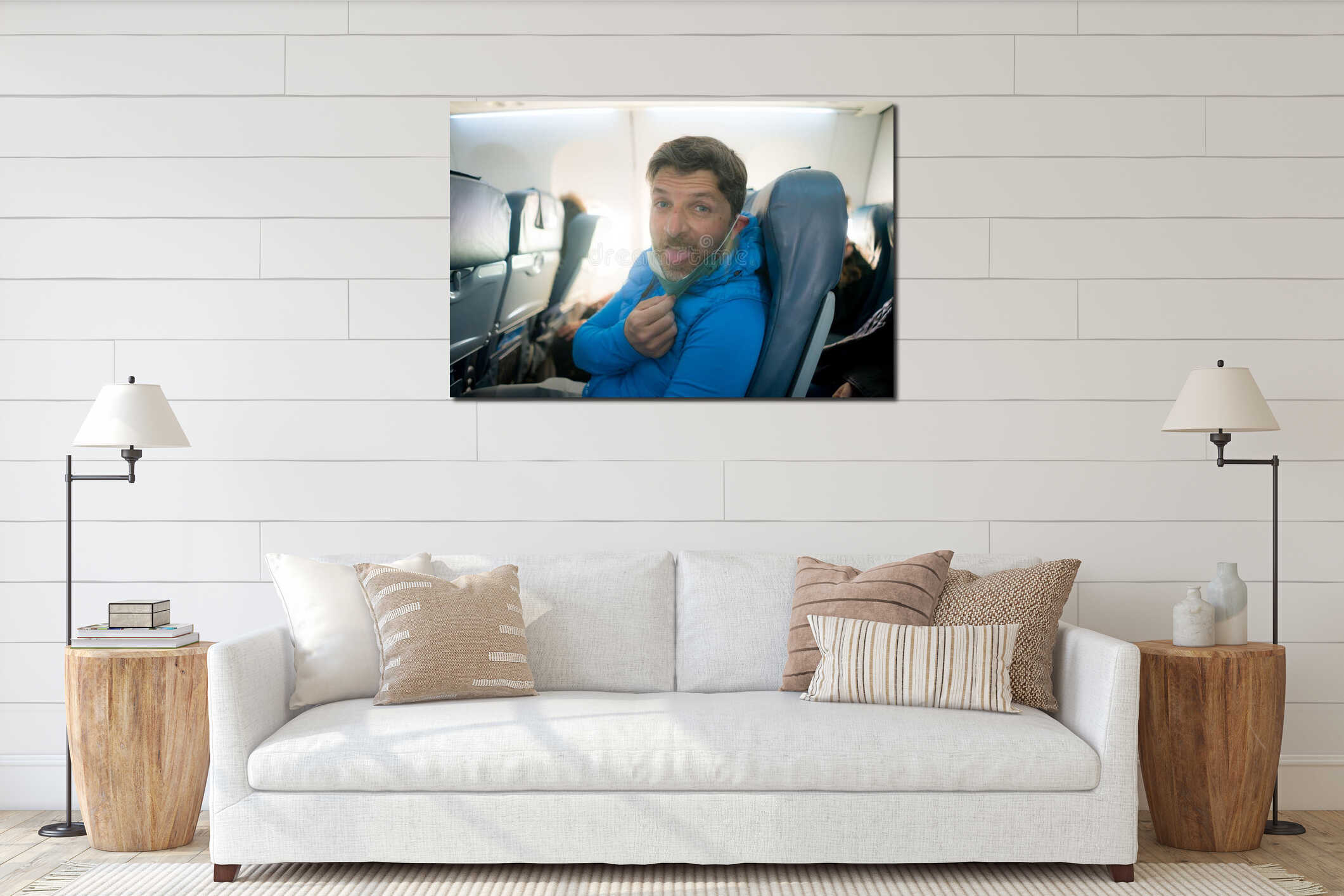 Travel and tourism in times of covid19 - lifestyle portrait of young attractive Caucasian man pulling off annoying and interior mockup