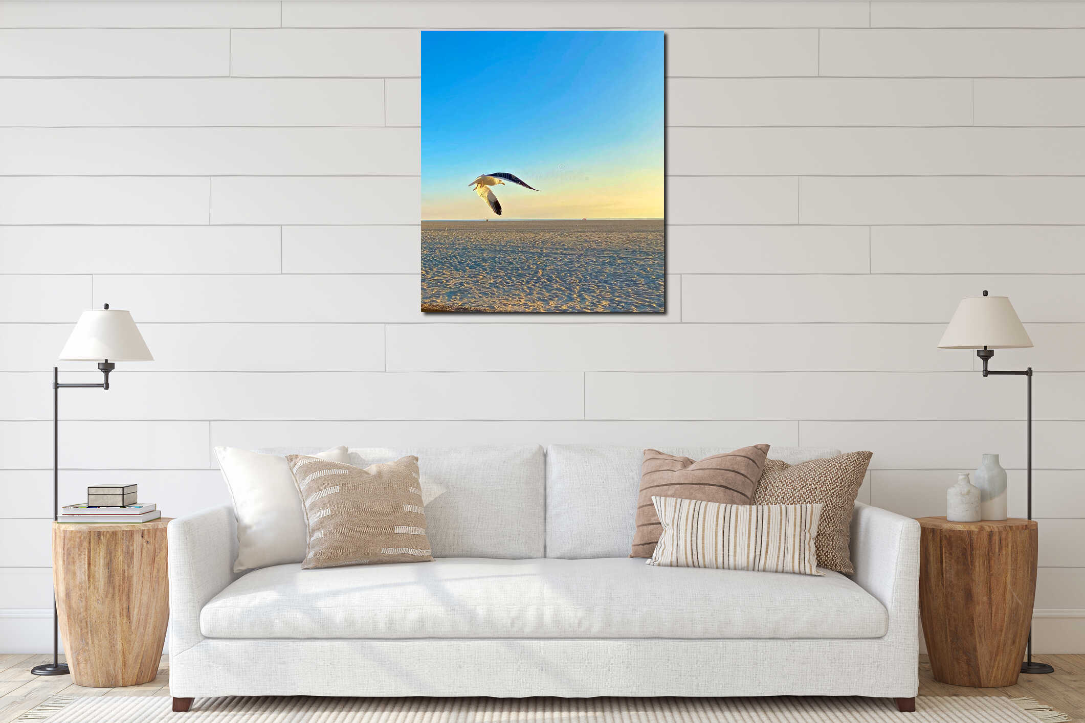 Seagull beach sunset California interior mockup