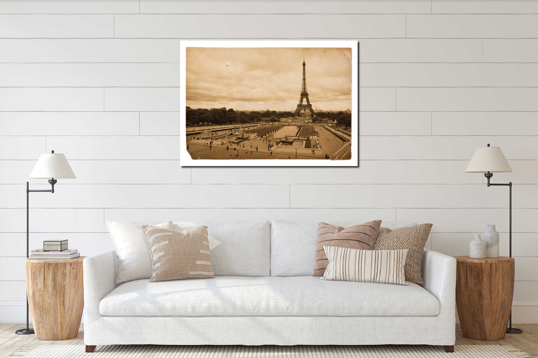 Vintage sepia postcard of Eiffel tower in Paris interior mockup