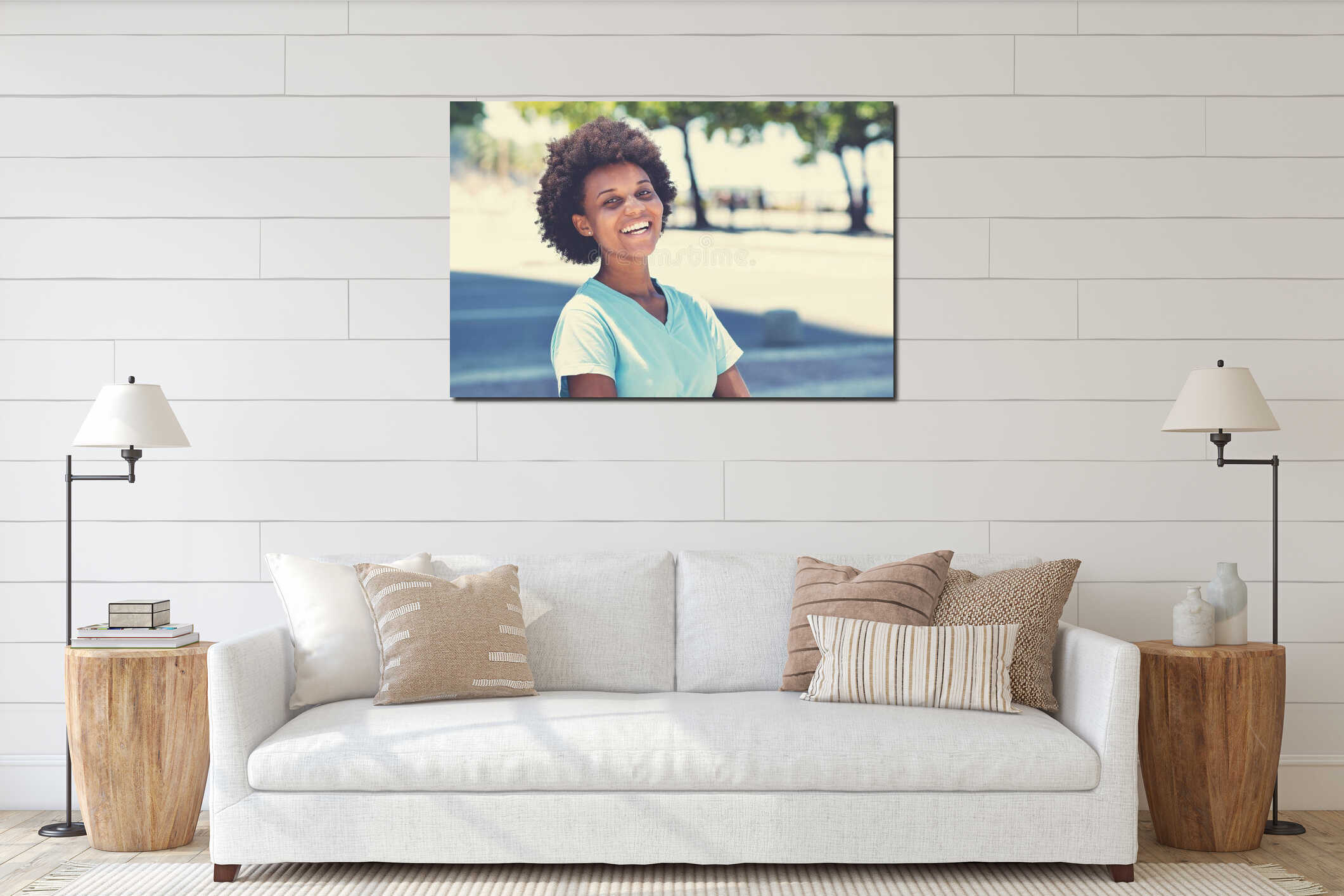 Laughing afro american woman in vintage retro style interior mockup