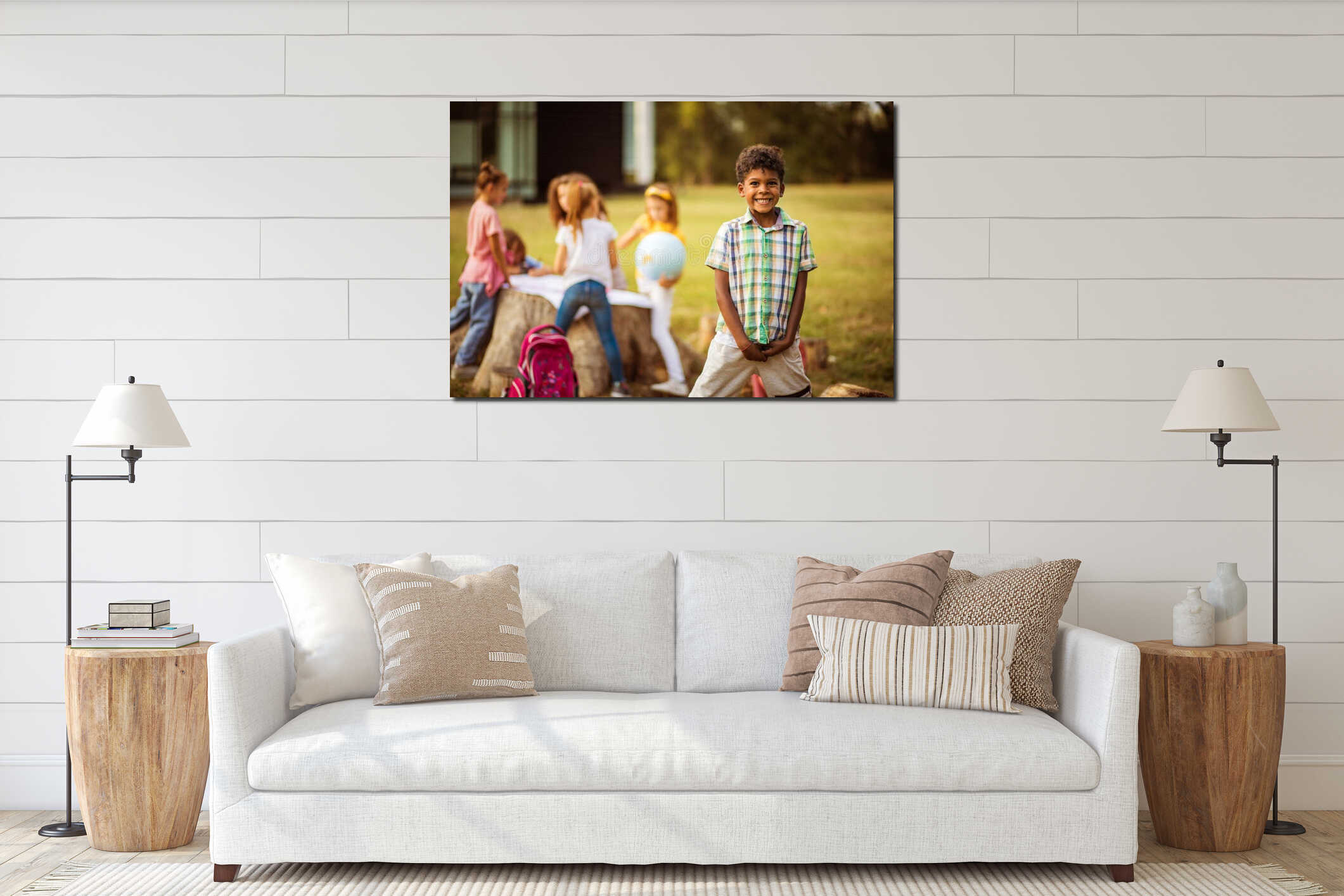 Portrait of smiling African school boy interior mockup